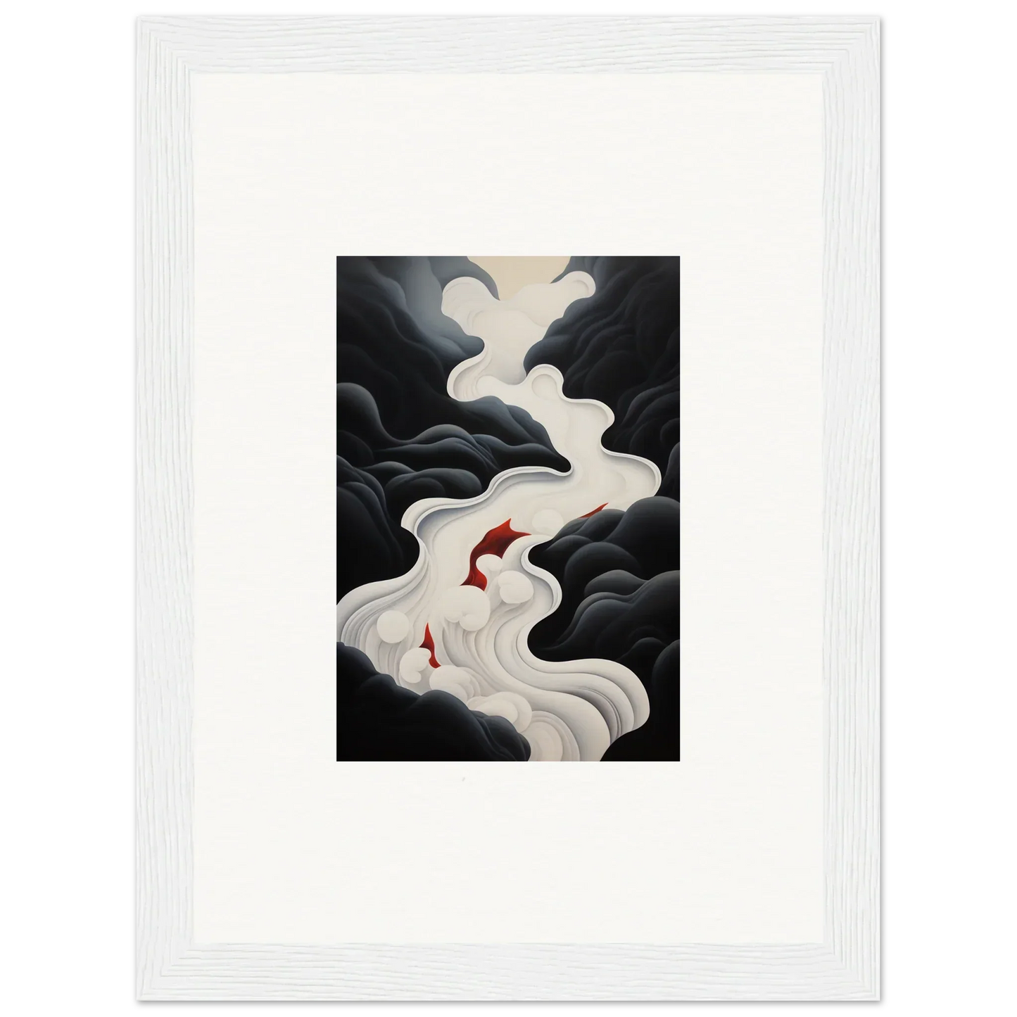Two red koi fish swim up a white waterfall in Ethereal Flux Dream framed wall art