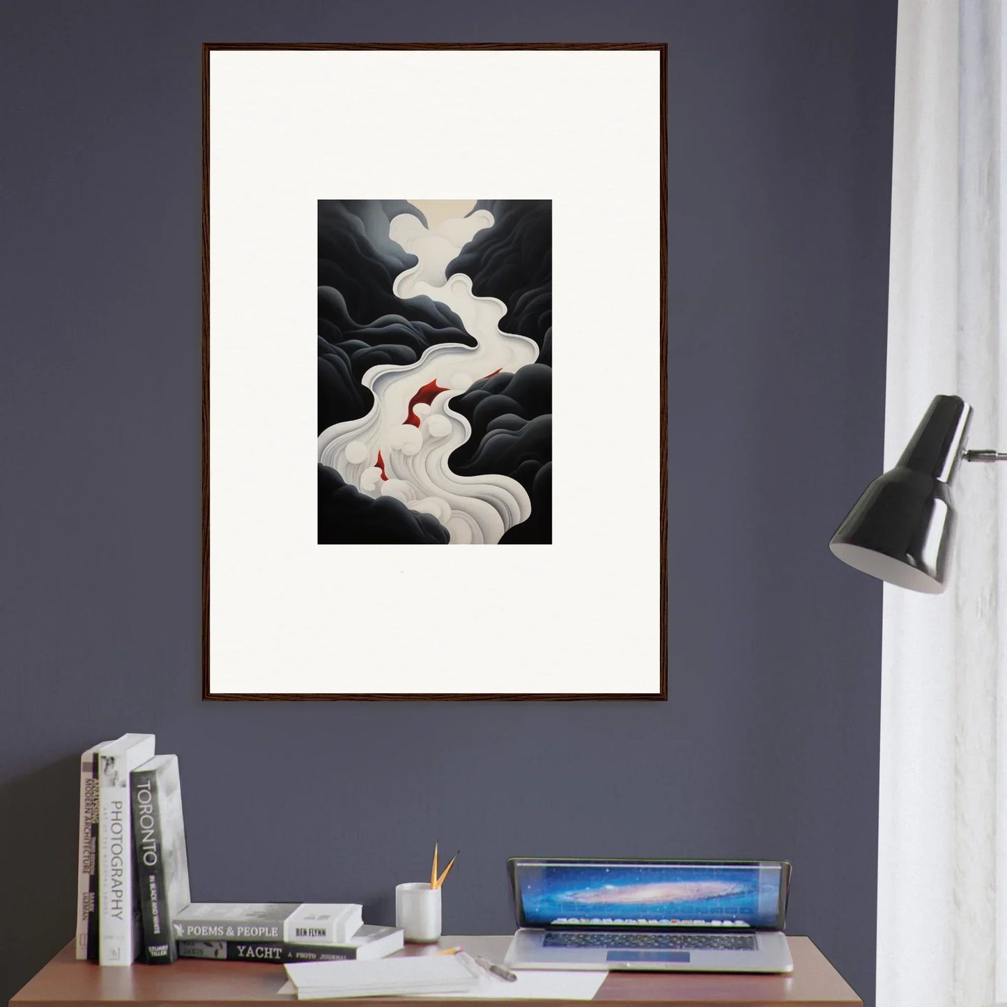 Framed wall art of Ethereal Flux Dream with swirling smoke and red accents