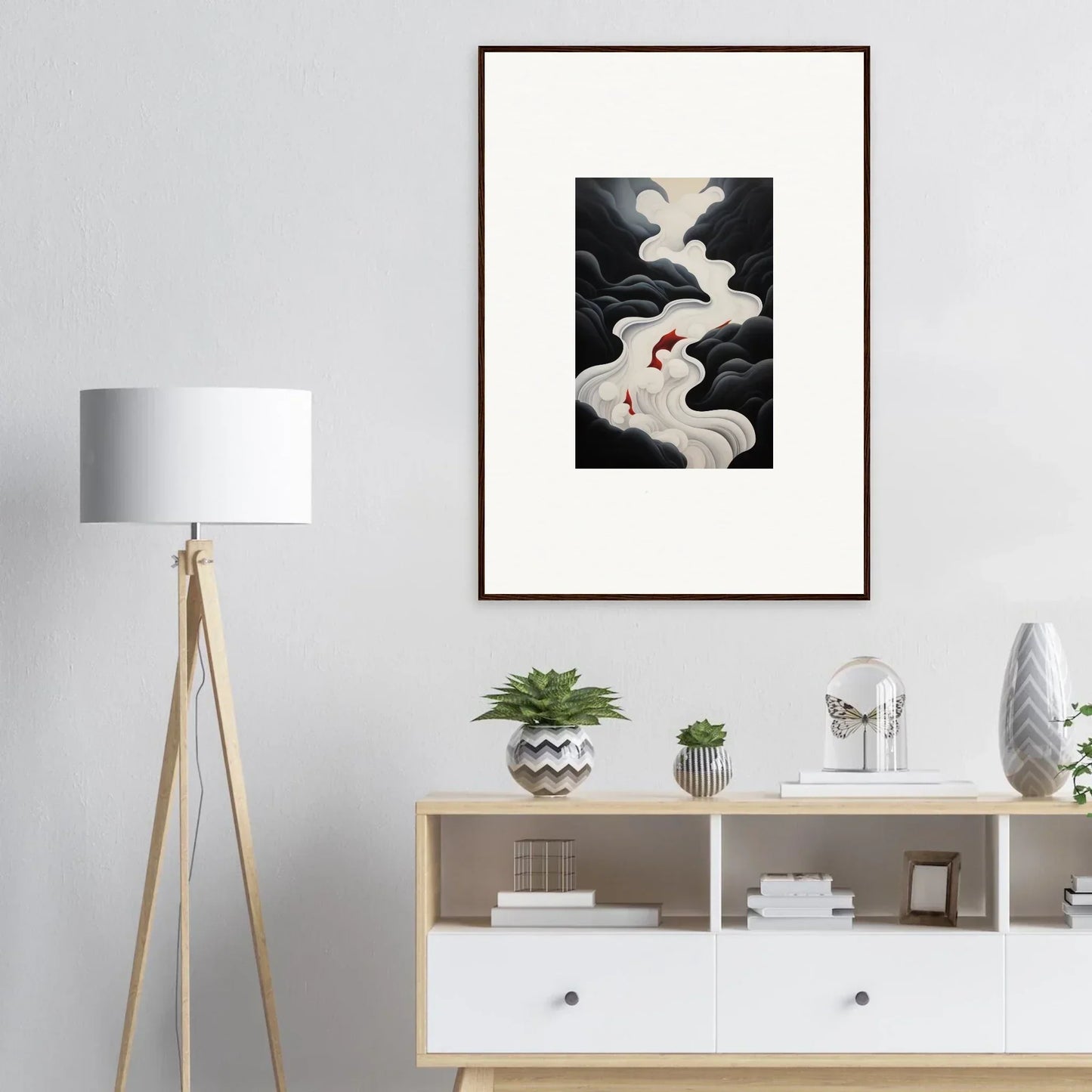 Ethereal Flux Dream framed wall art with swirling black and white smoke and a red accent