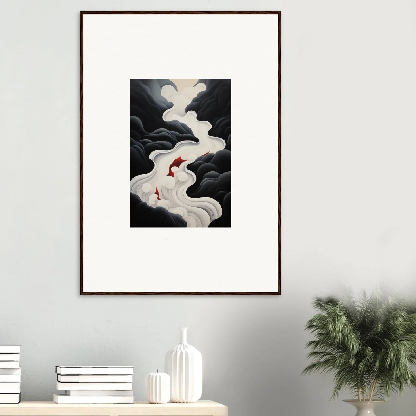 Framed wall art of red koi fish in swirling smoke, Ethereal Flux Dream special edition