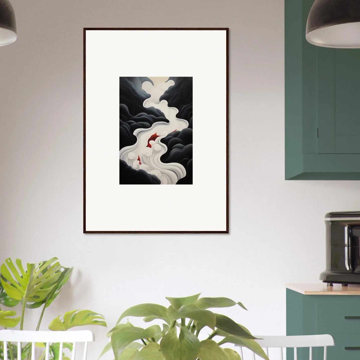 Framed wall art of swirling smoke patterns with red accents from Ethereal Flux Dream
