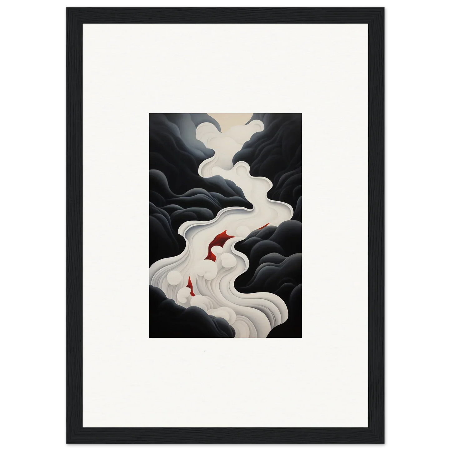 Red koi fish swim through a white stream in dark clouds, Ethereal Flux Dream art