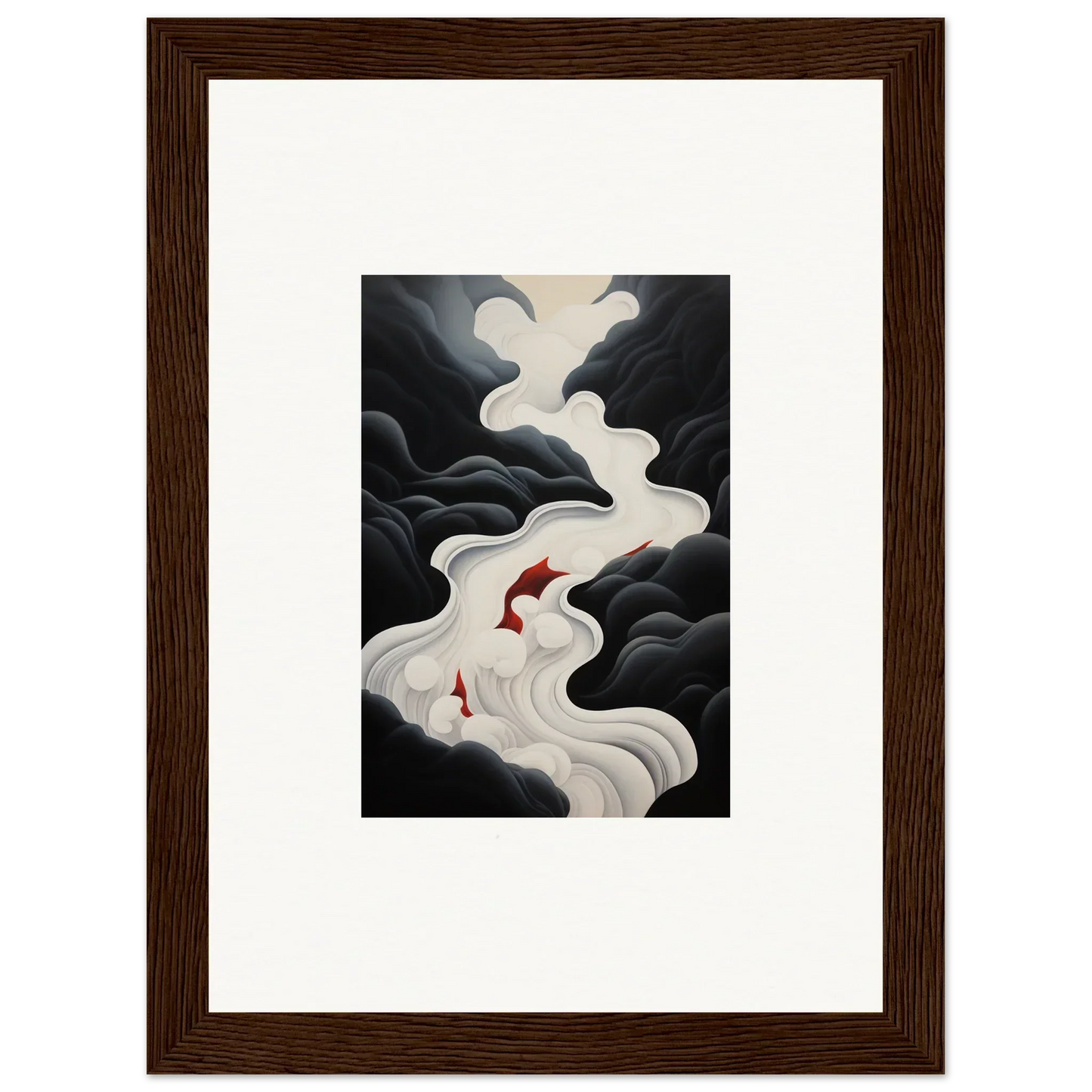 Framed wall art of red koi fish in Ethereal Flux Dream swimming up a white waterfall