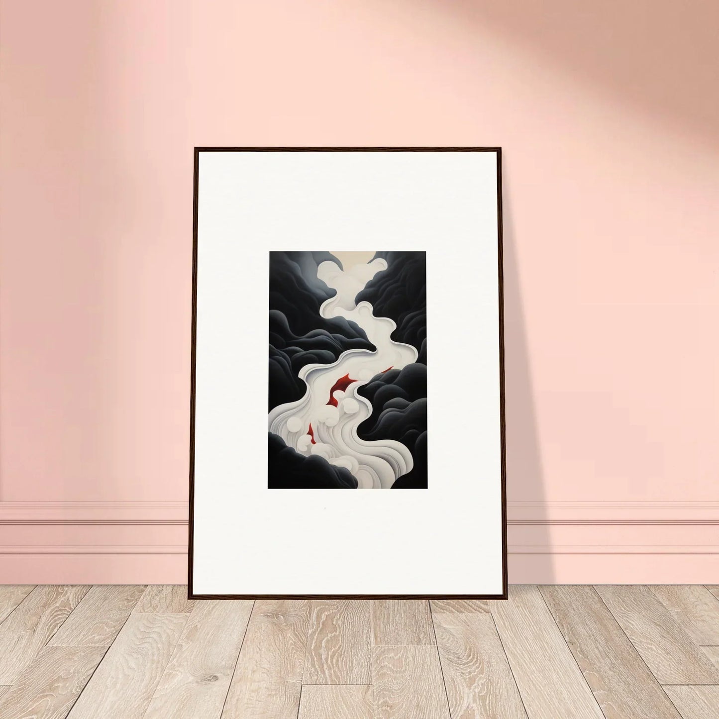 Framed wall art of swirling smoke patterns in black and white with a red accent from Ethereal Flux Dream