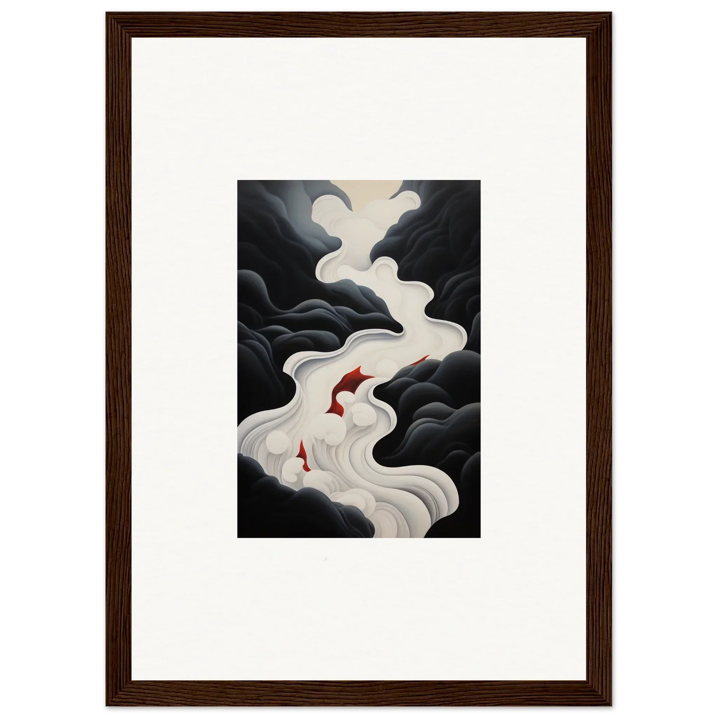 Red koi fish swimming through a white stream in dark clouds, Ethereal Flux Dream art