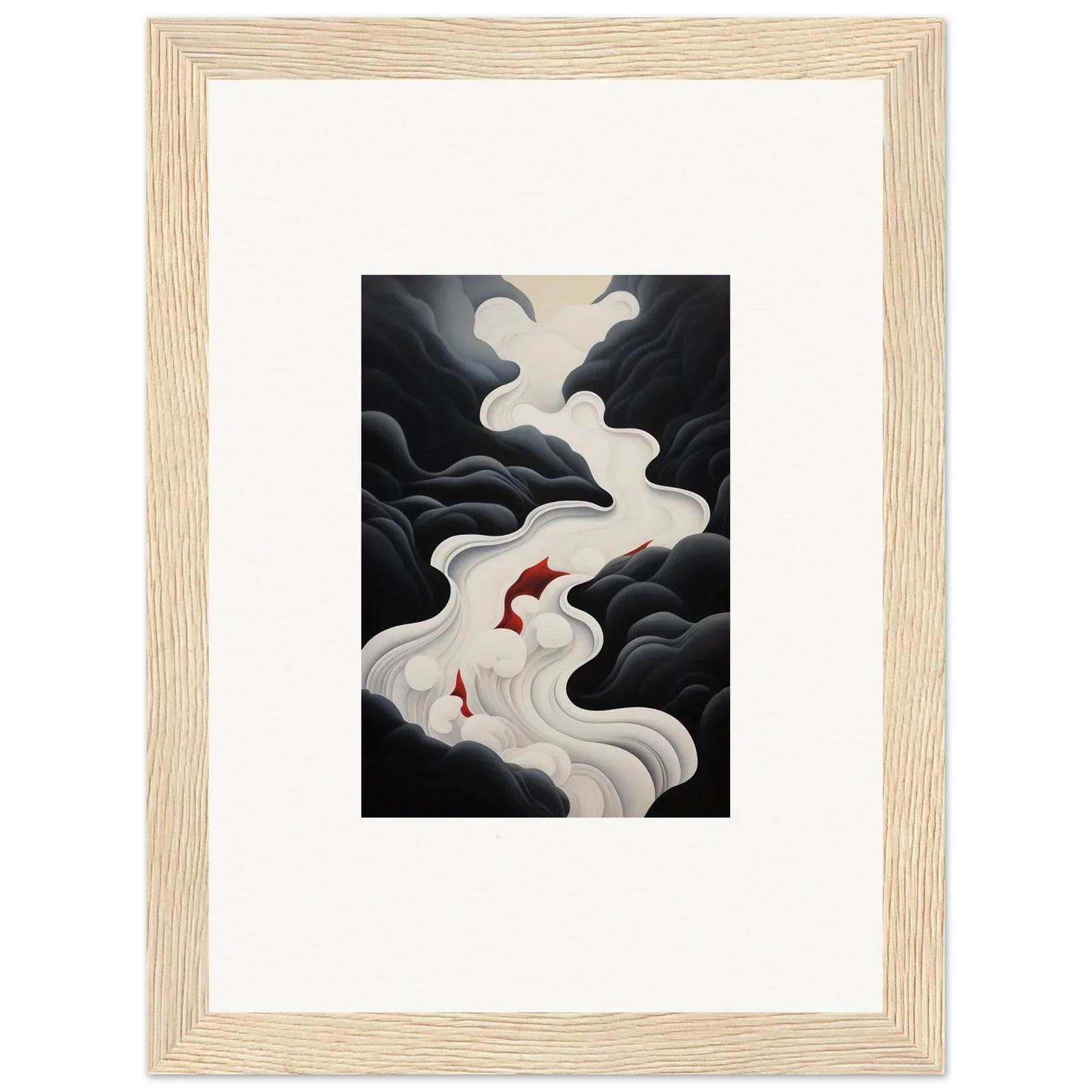 Two red koi fish swim up a white waterfall in Ethereal Flux Dream framed wall art