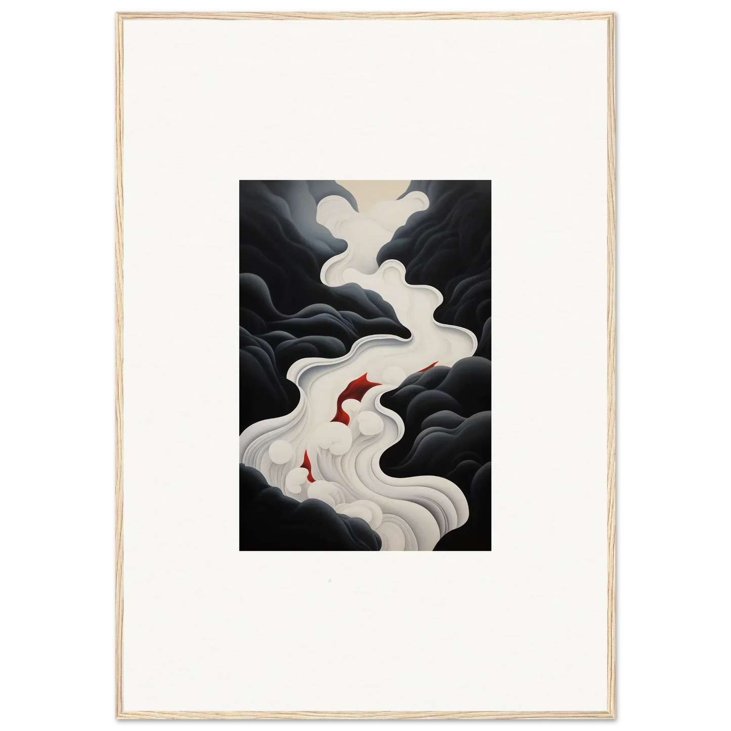 Two red birds soaring through a smoky trail in Ethereal Flux Dream framed wall art