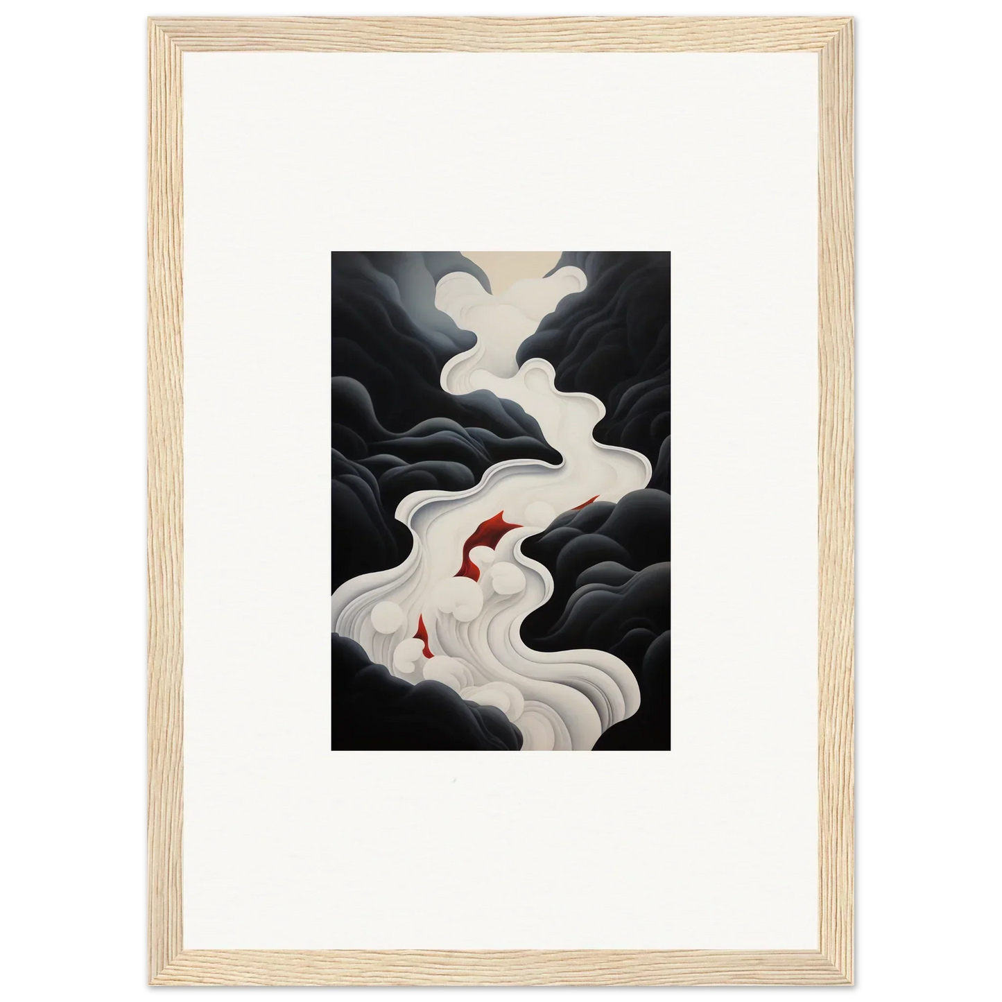 Framed wall art of red koi fish in swirling white smoke from Ethereal Flux Dream