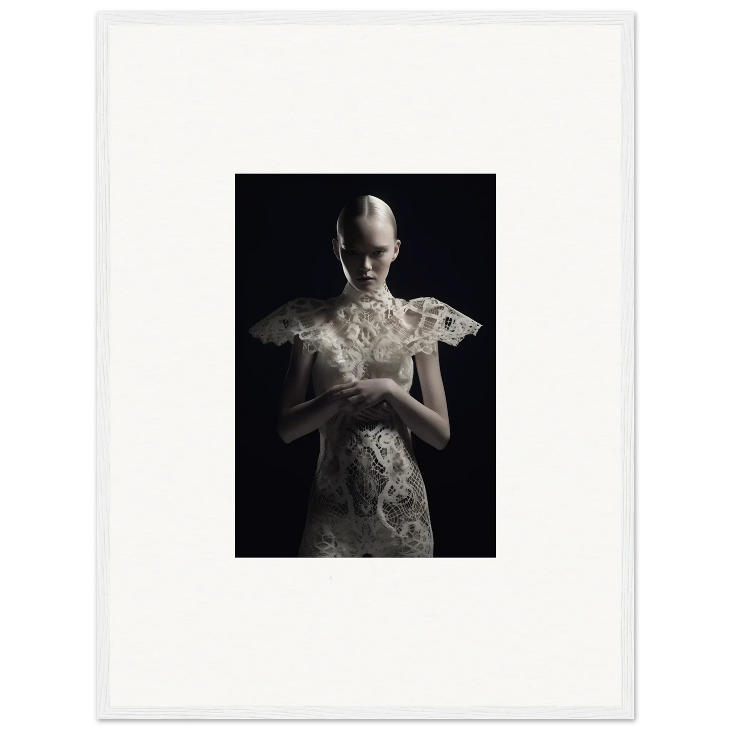 Haunting black-and-white portrait in lace echoes, perfect for room decor and framed wall art