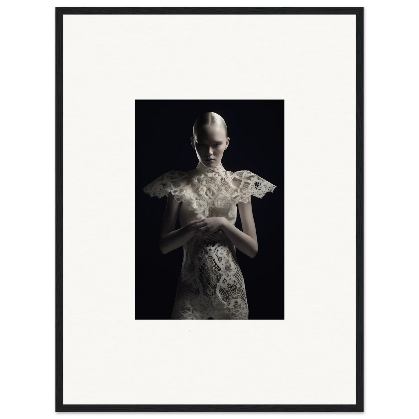 Haunting black-and-white lace echoes portrait, ideal for elegant room decor and framed wall art