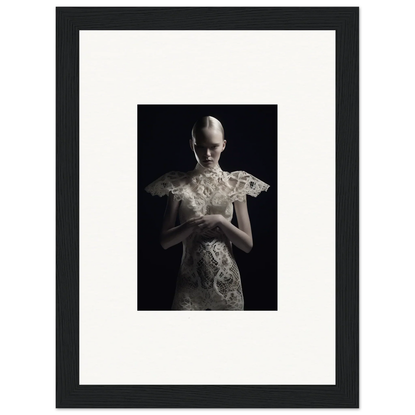 Pale figure in ornate white lace garment, perfect for Lace Echoes room decor or framed wall art