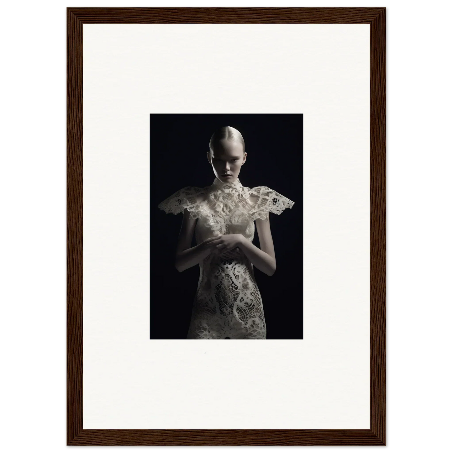 Ethereal Lace Echoes figure in ornate white dress, perfect for room decor or framed wall art
