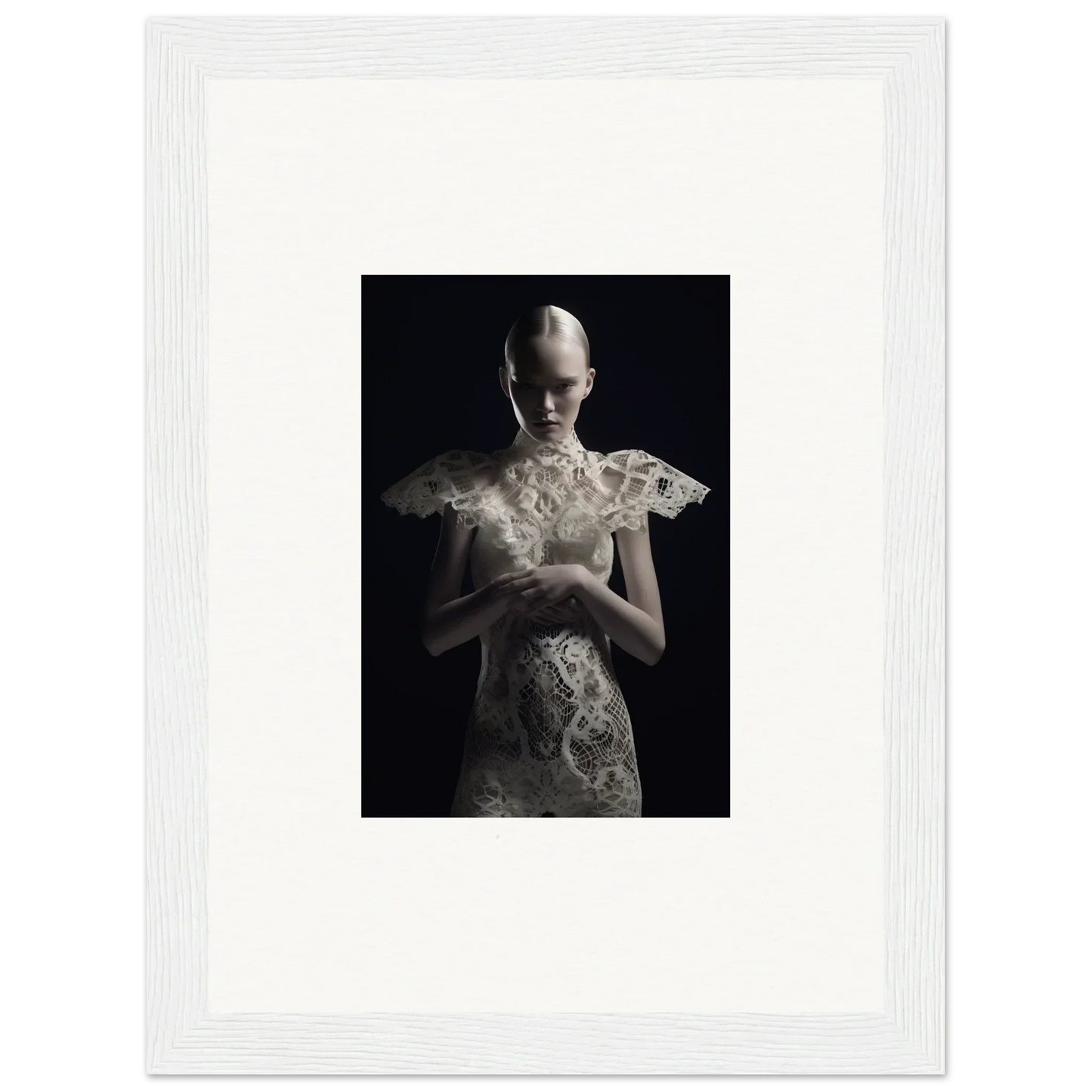 Pale figure in ornate white lace dress highlights Lace Echoes framed wall art decor