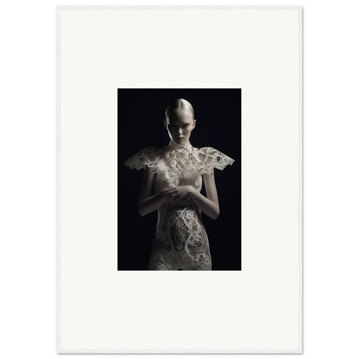 Haunting black-and-white lace echoes portrait for stylish room decor and framed wall art