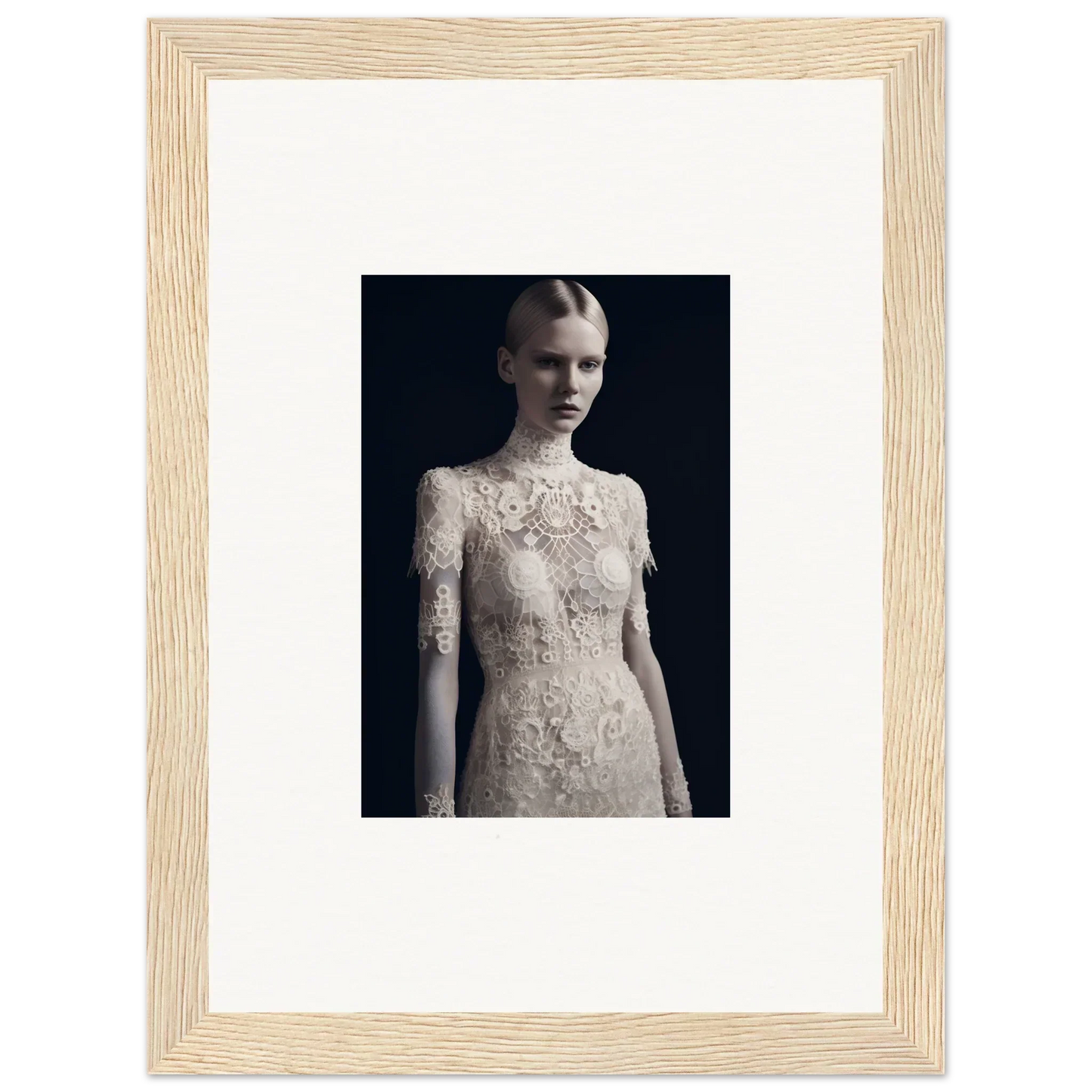 Framed black and white photograph of a person in lace dress for marble dreams room decor