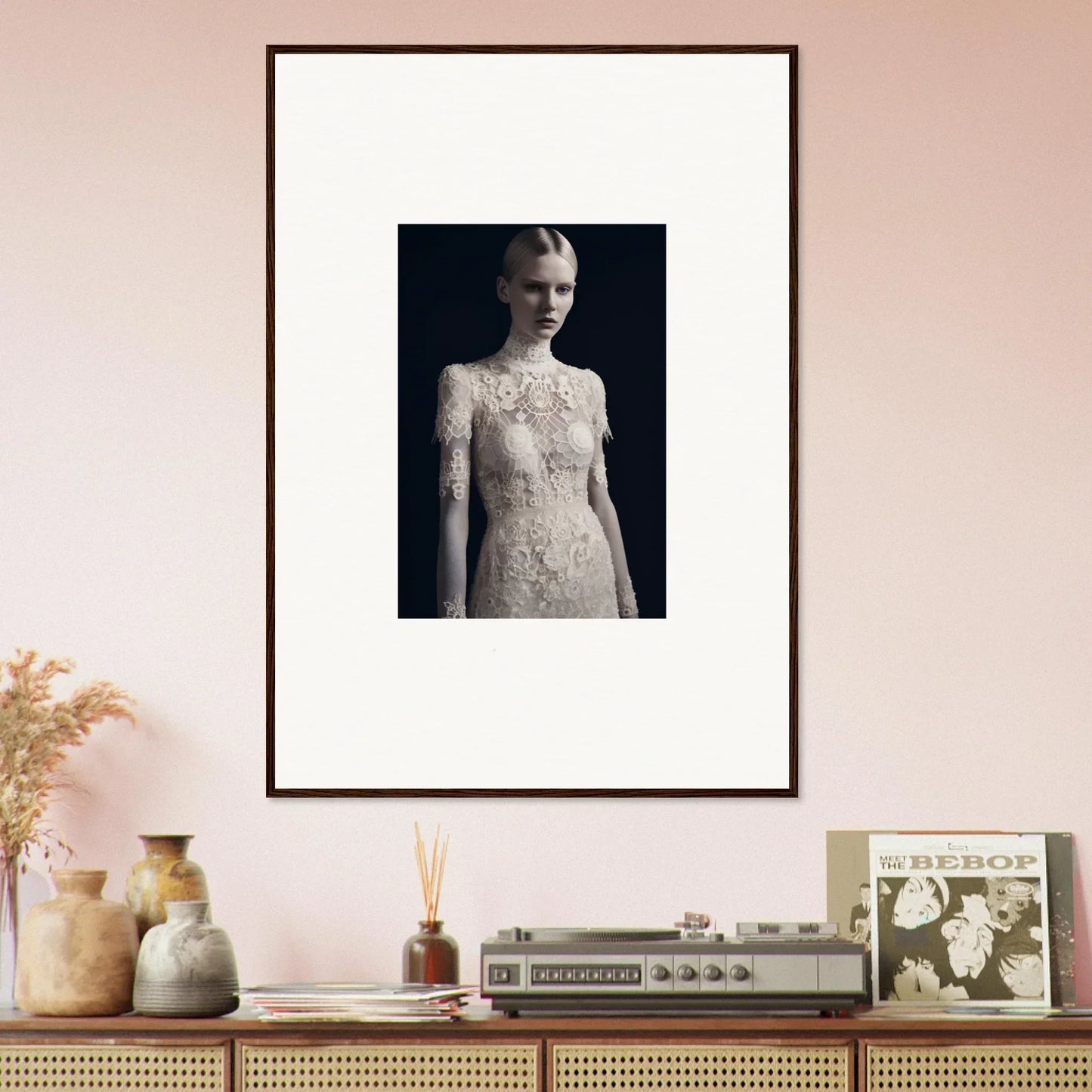 Framed black and white photo of a person in lace dress, ideal for marble dreams room decor