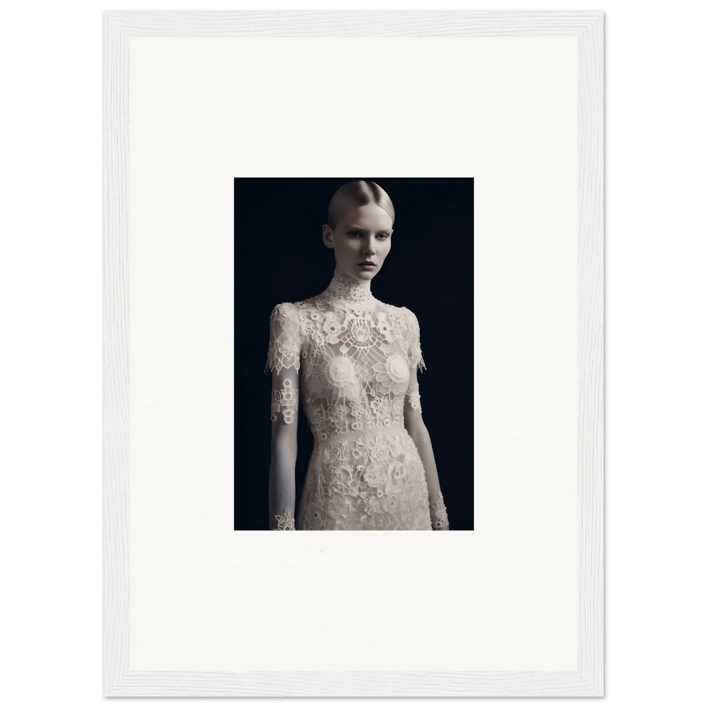 Framed wall art of a woman in lace dress, part of Marble Dreams room decor collection