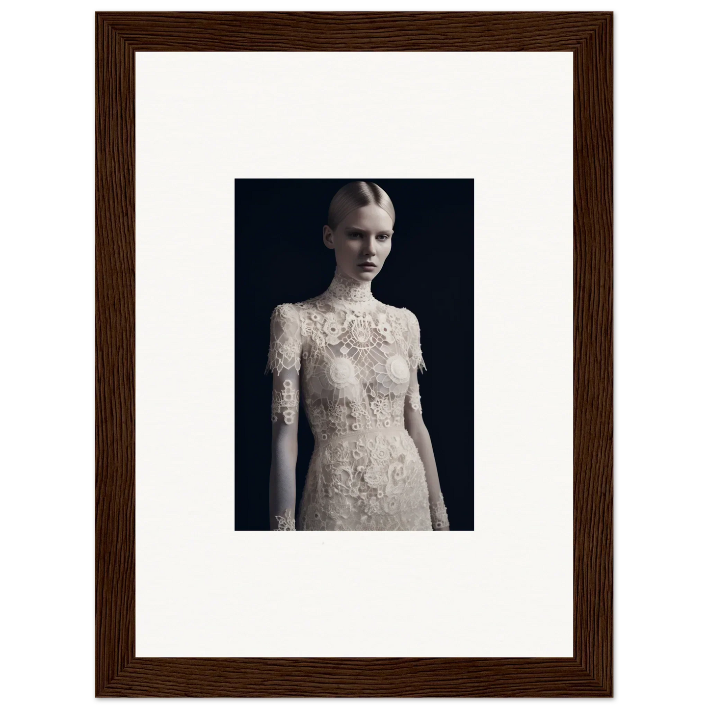 Framed black and white photograph of a woman in lace dress for marble dreams room decor
