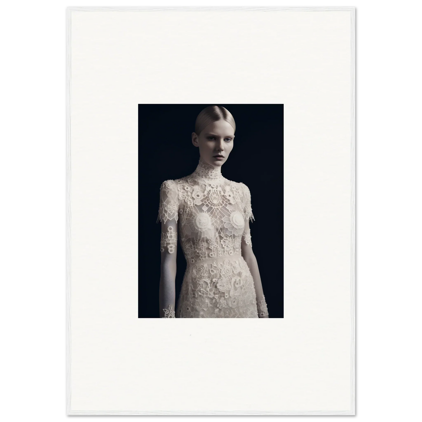 Elegant lace wedding dress with high neckline, perfect for Marble Dreams room decor