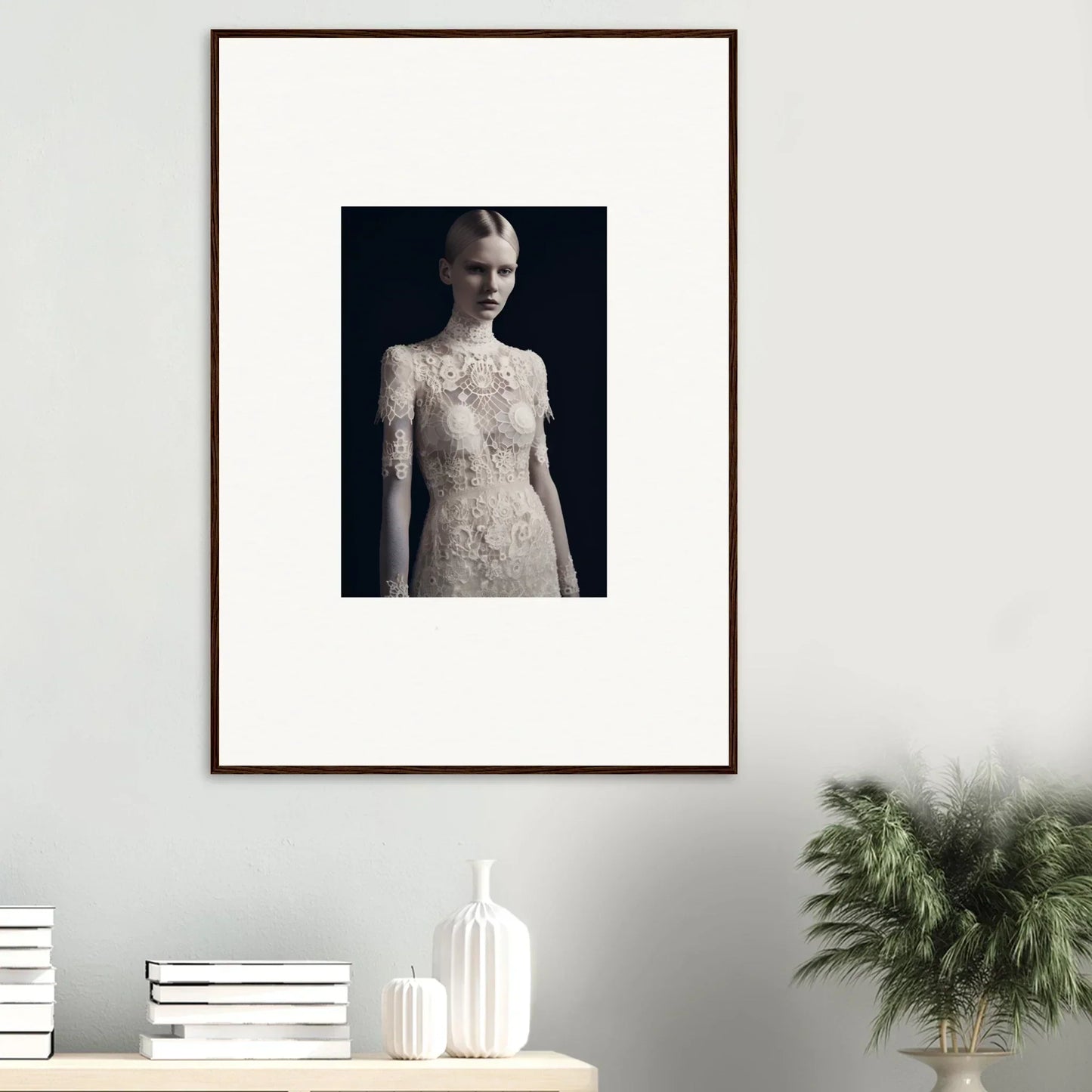 Framed black and white photograph of a person in a lace dress for marble dreams room decor