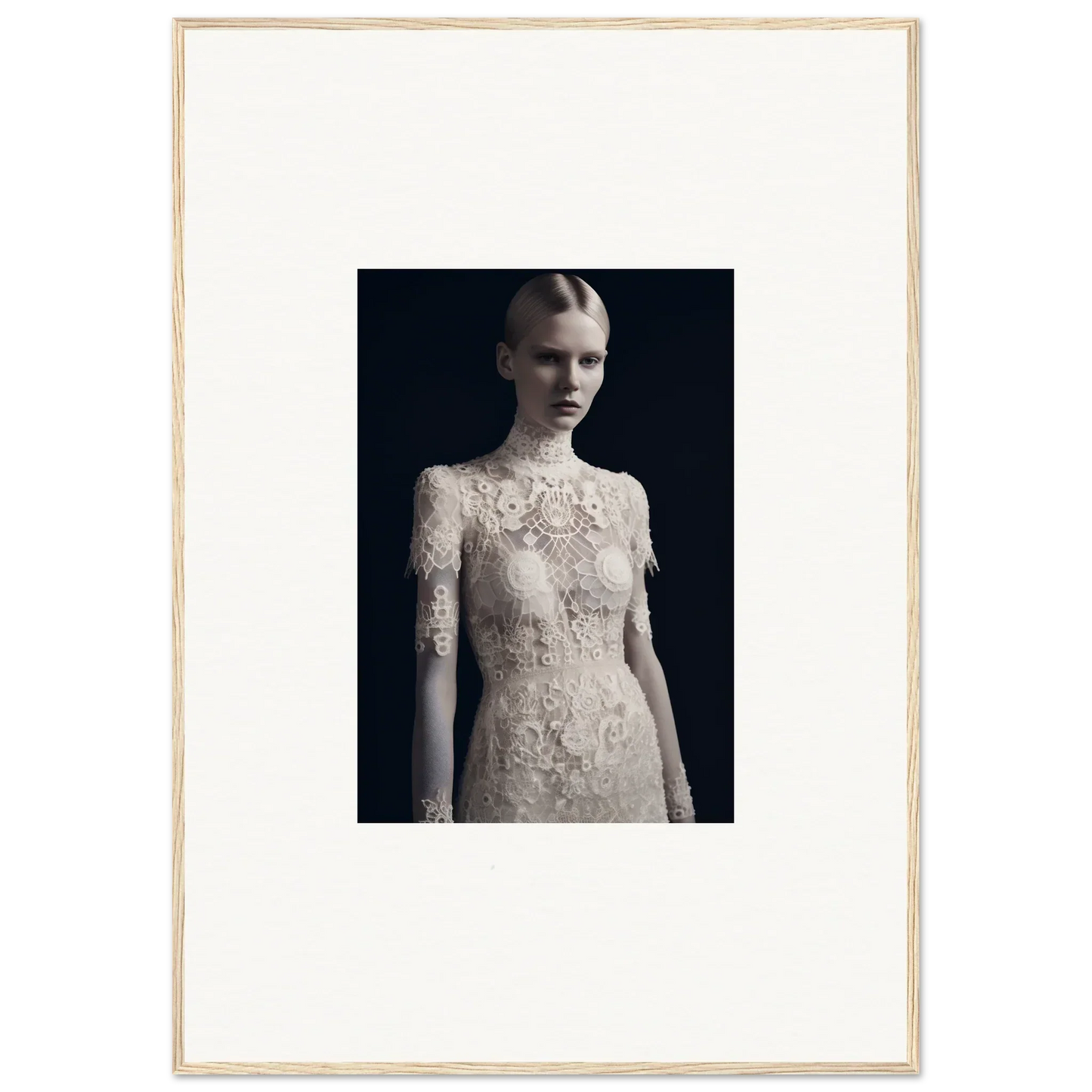 Elegant lace wedding dress with high neckline and short sleeves in Marble Dreams design