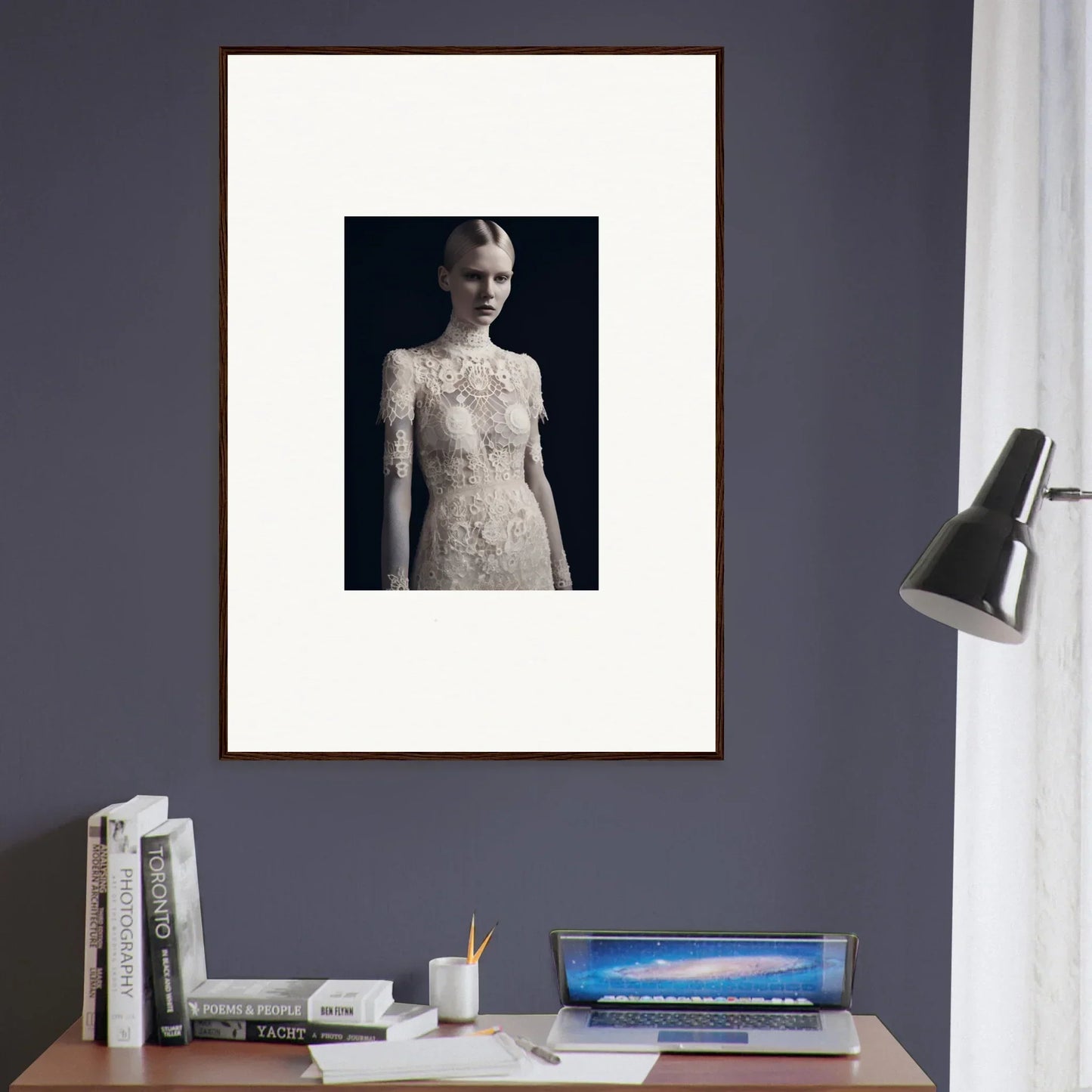 Framed black and white photo of a person in an intricate lace dress for Marble Dreams room decor