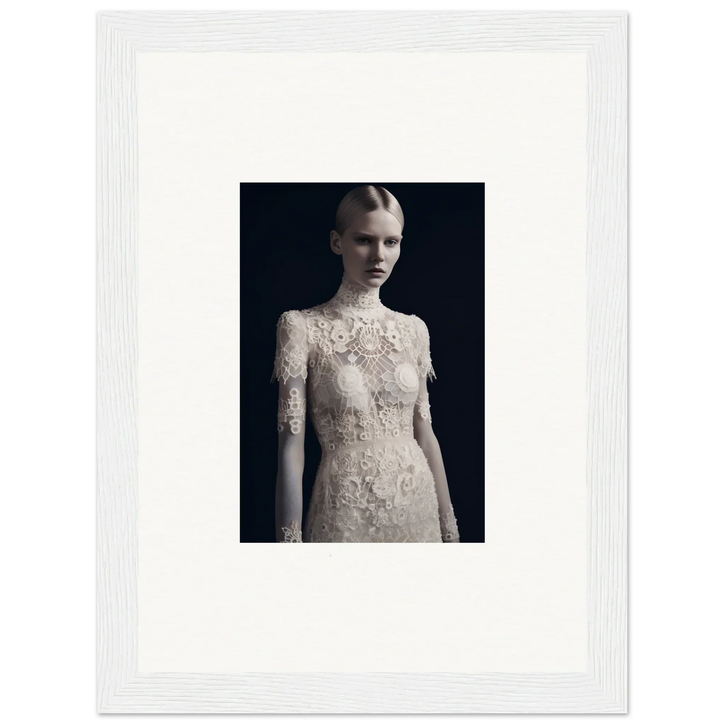 Framed black and white wall art of a person in a lace dress for marble dreams room decor