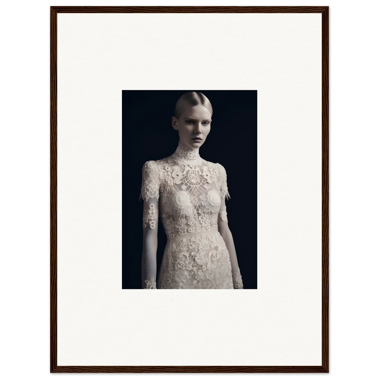 Framed wall art of a person in a lace wedding gown for elegant room decor