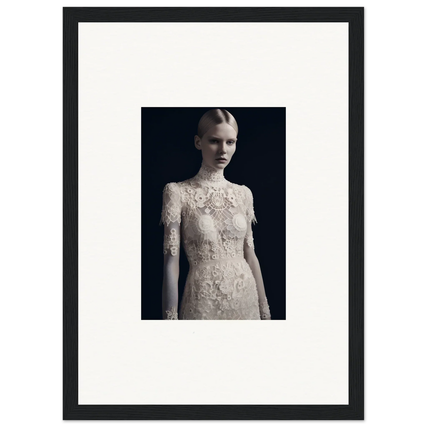 Black and white photo of a woman in a lace wedding dress for marble dreams wall art