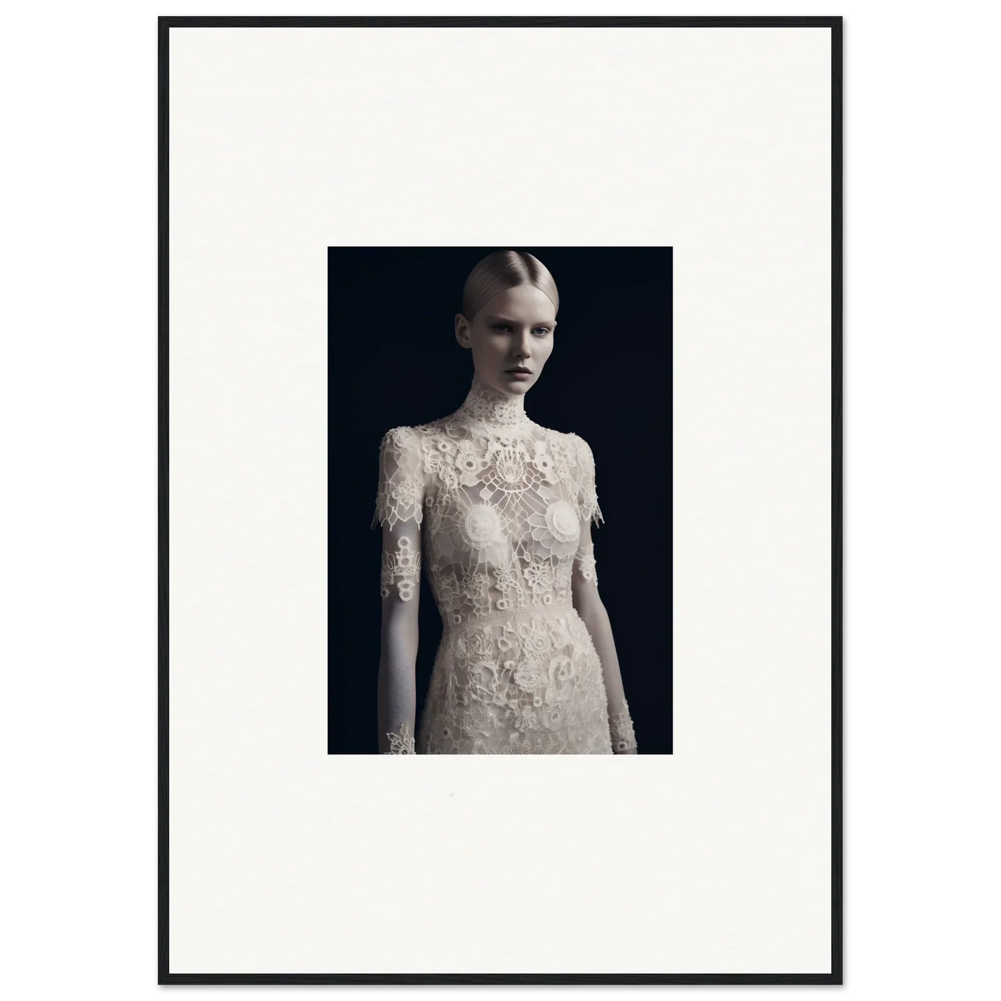 Elegant lace wedding dress with high neckline and long sleeves in Marble Dreams decor