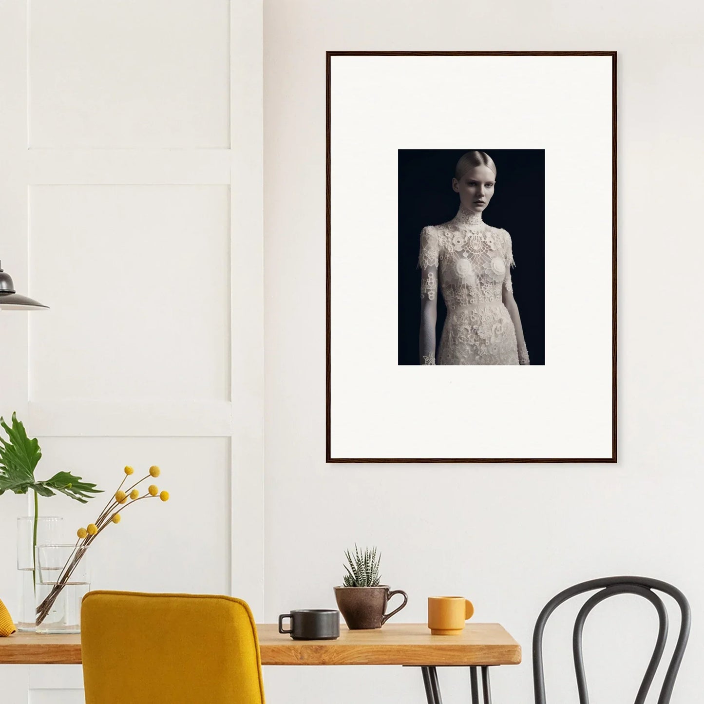 Framed black and white wall art of a person in a lace dress for marble dreams decor