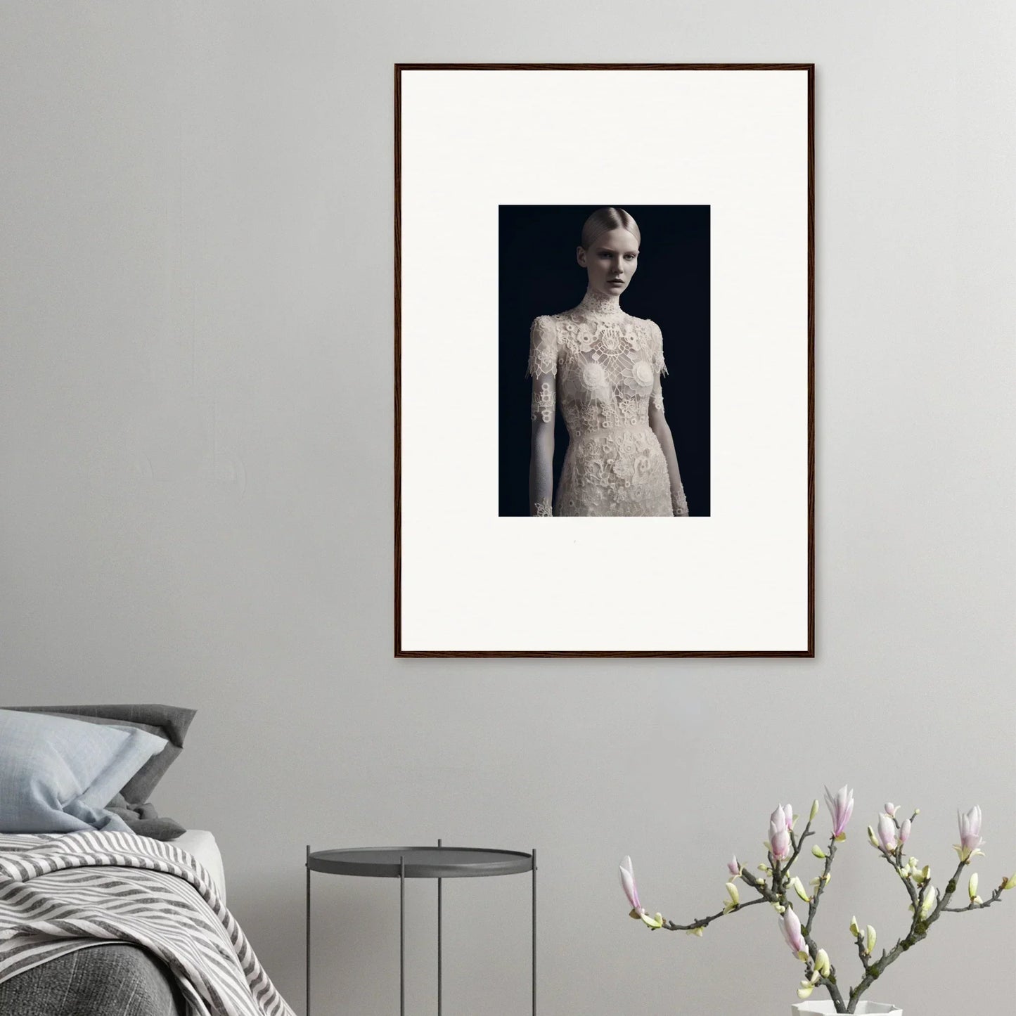 Framed wall art of a person in a white dress, showcasing Marble Dreams room decor