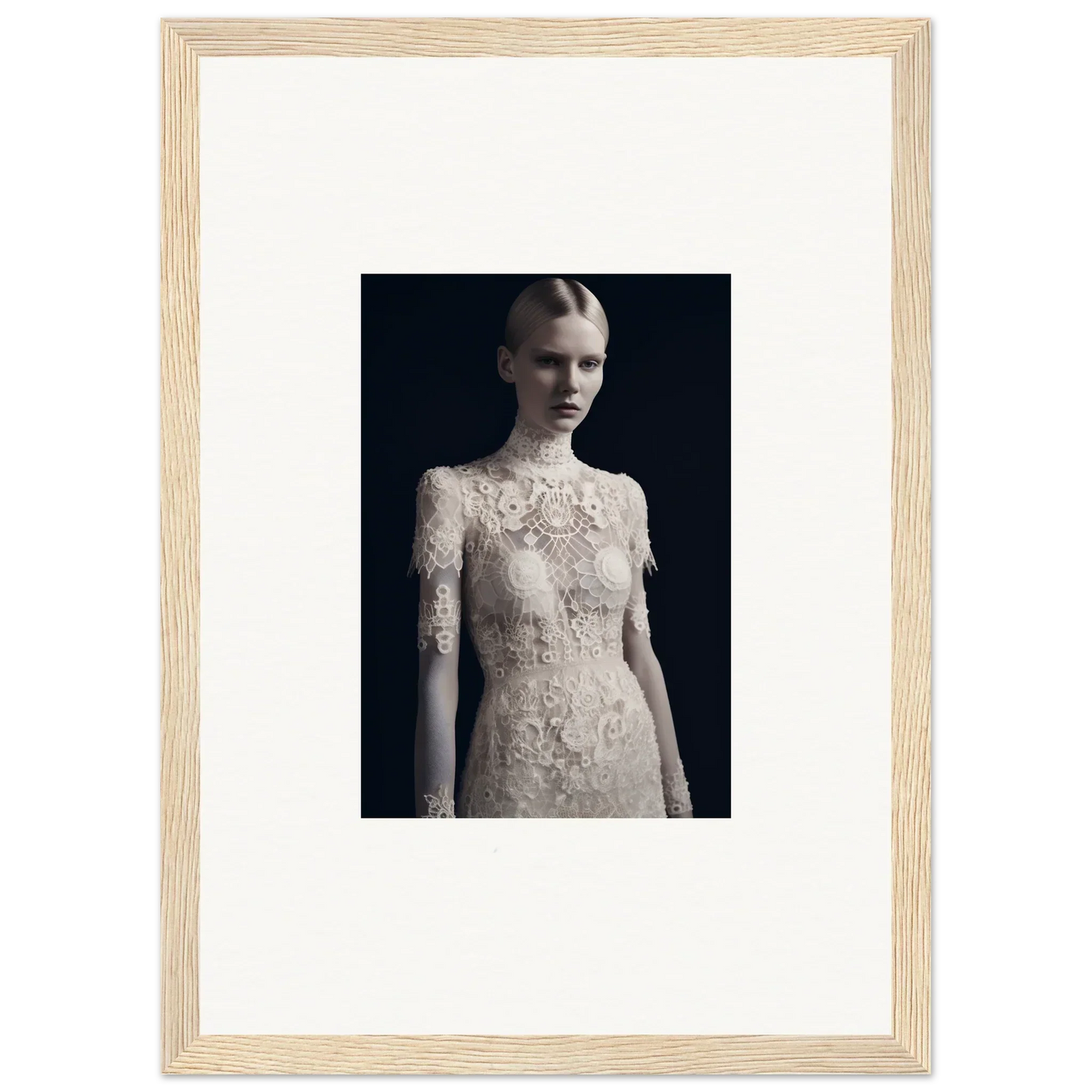 Framed black and white photograph of a woman in lace dress for marble dreams room decor