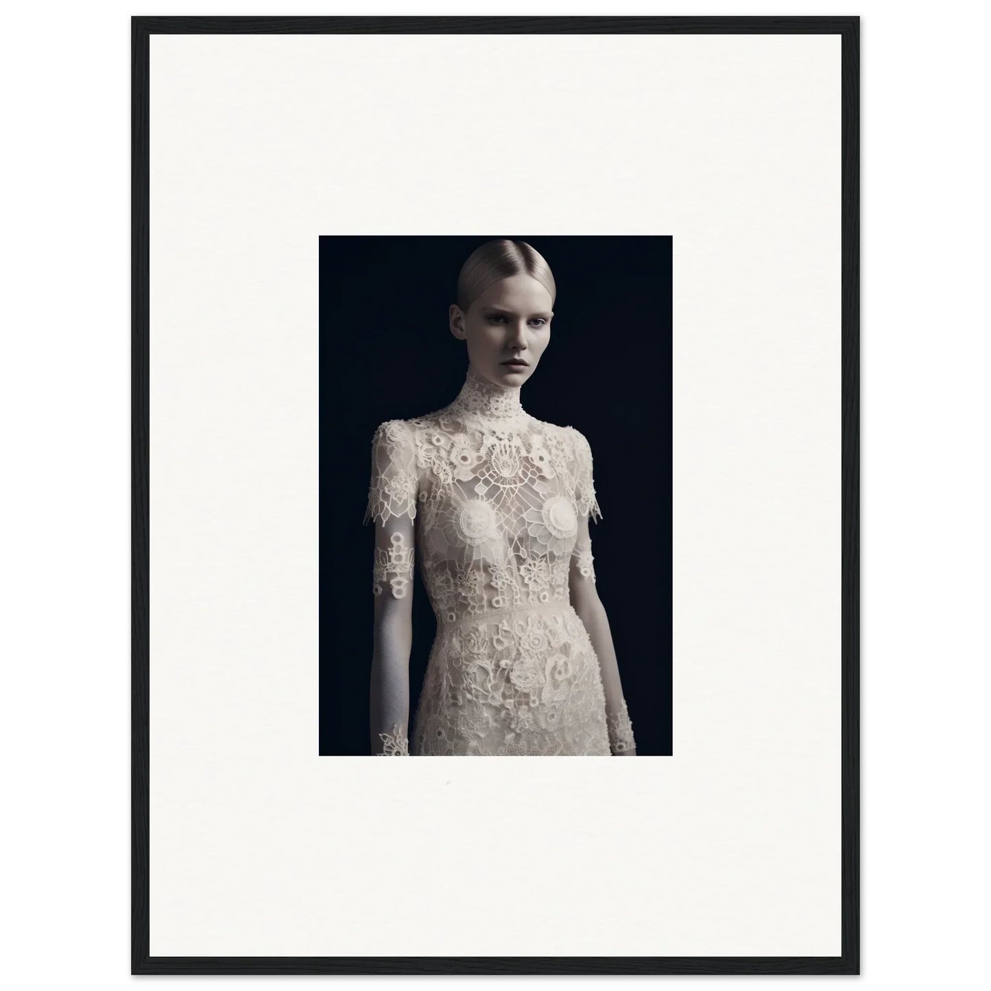 Framed black and white photograph of a person in a lace dress for Marble Dreams room decor