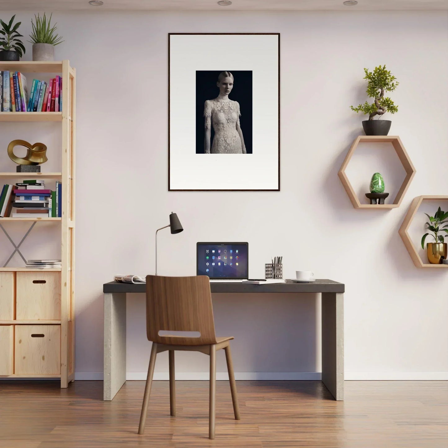 Home office workspace with marble dreams decor, stylish desk, chair, and wall art