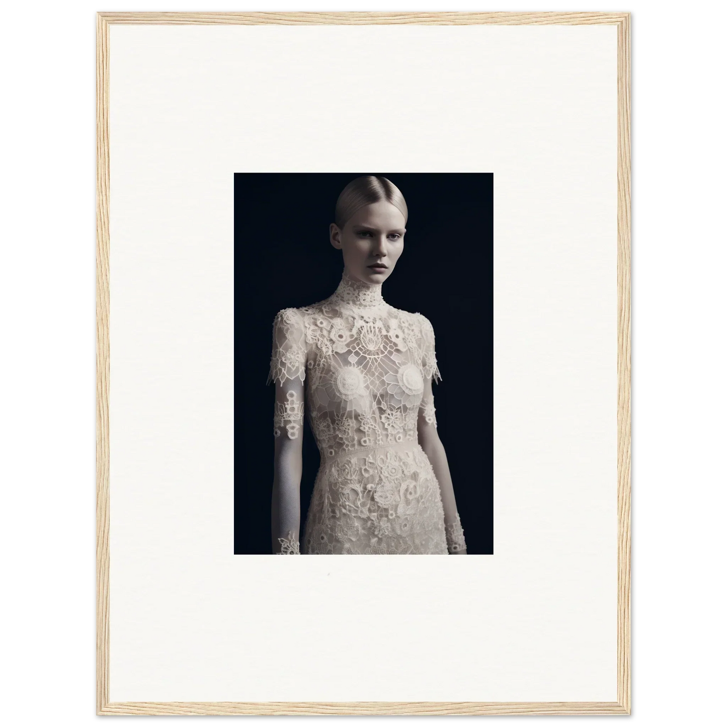 Framed wall art of a woman in a lace wedding gown for elegant Marble Dreams room decor