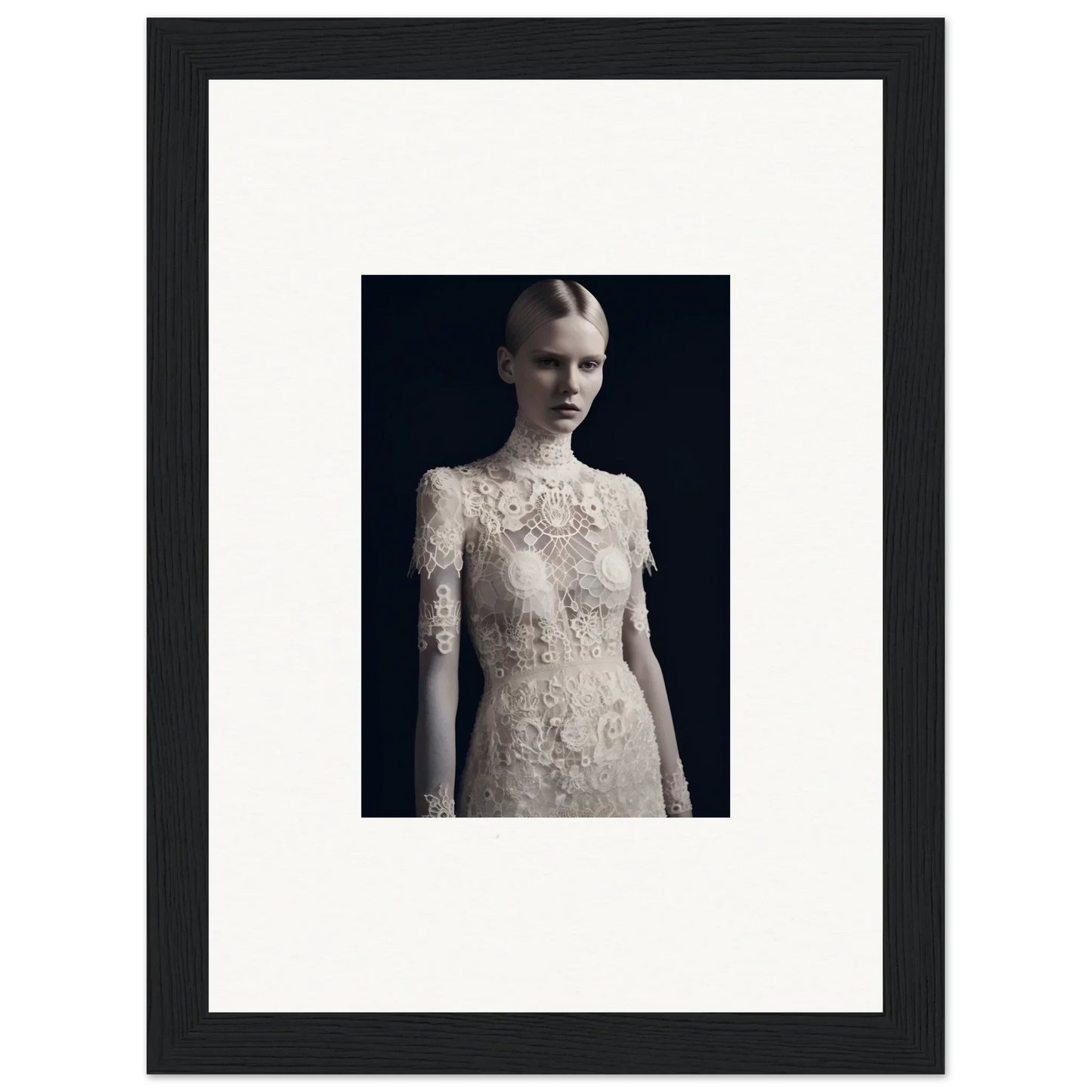 Framed black and white photograph of a woman in lace dress for marble dreams room decor
