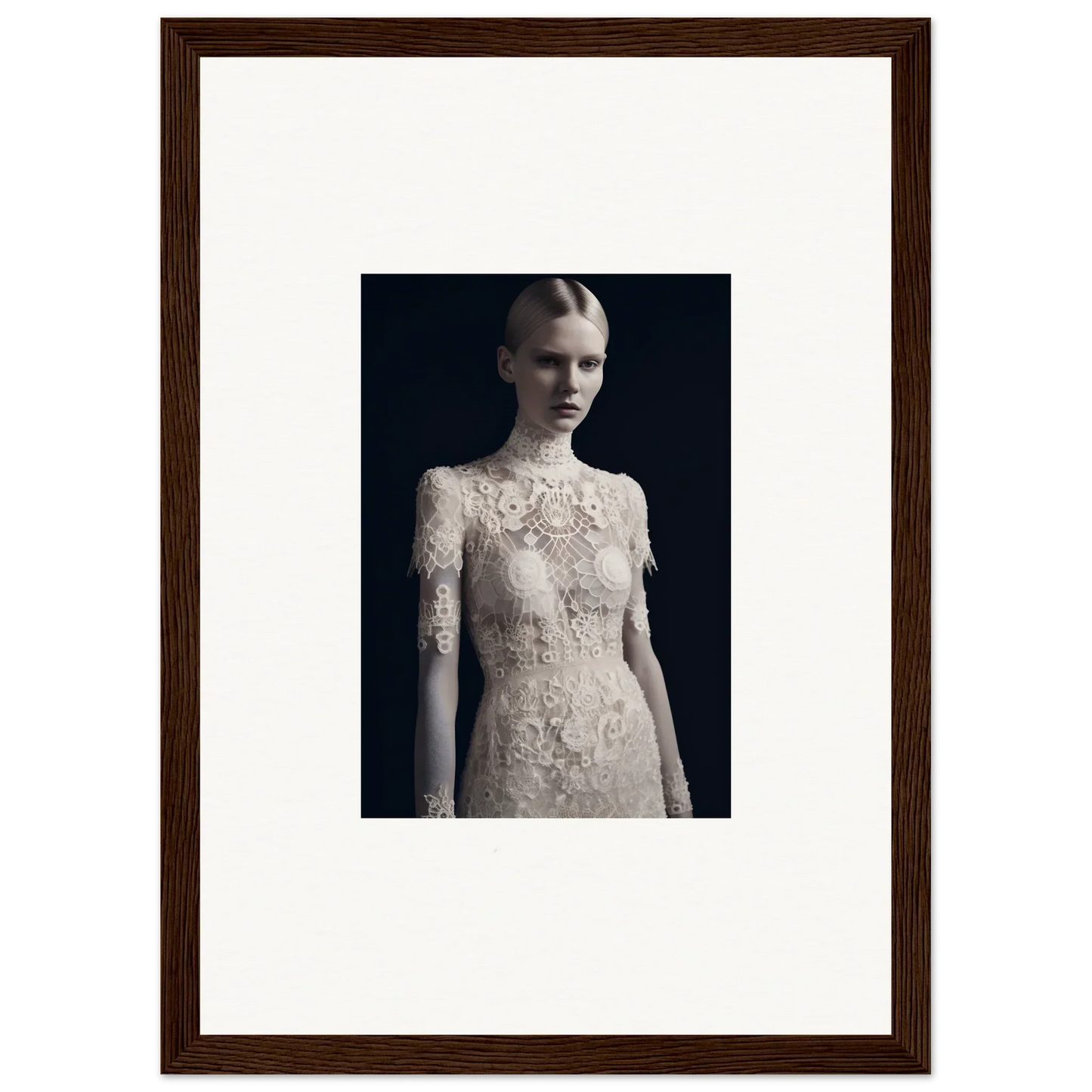 Framed wall art of a woman in an intricate lace dress for Marble Dreams room decor