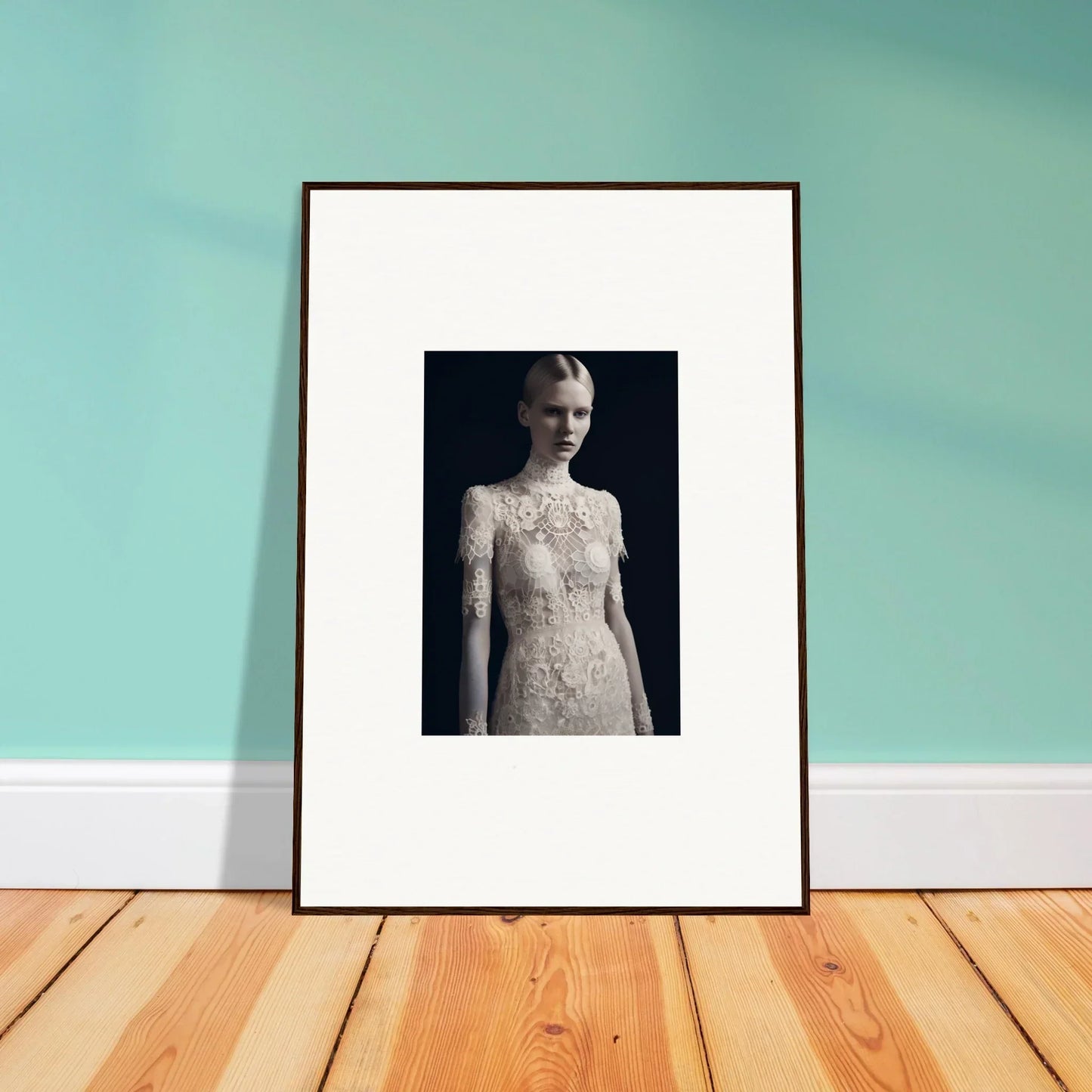 Framed black and white photograph of a person in a lace dress for marble dreams room decor