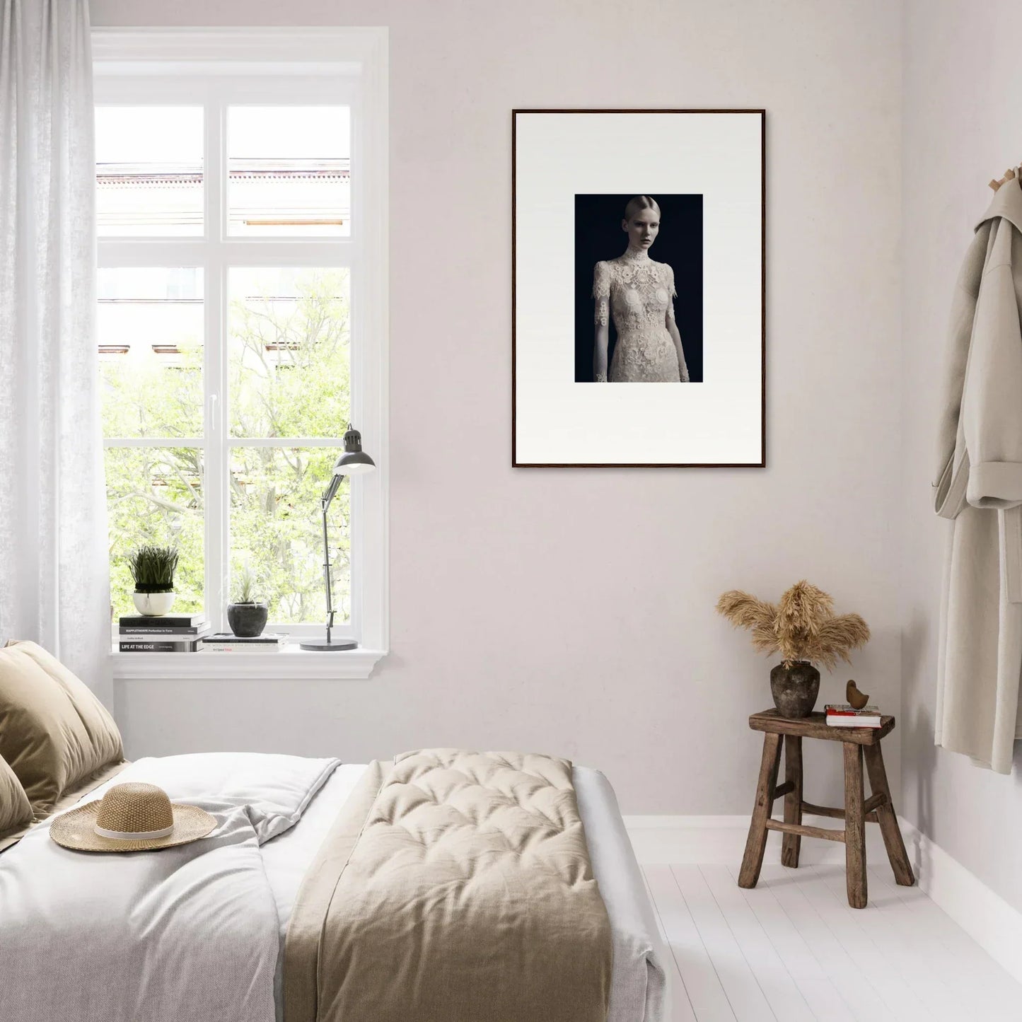 Serene bedroom with neutral tones featuring Ethereal Marble Dreams wall art as room decor