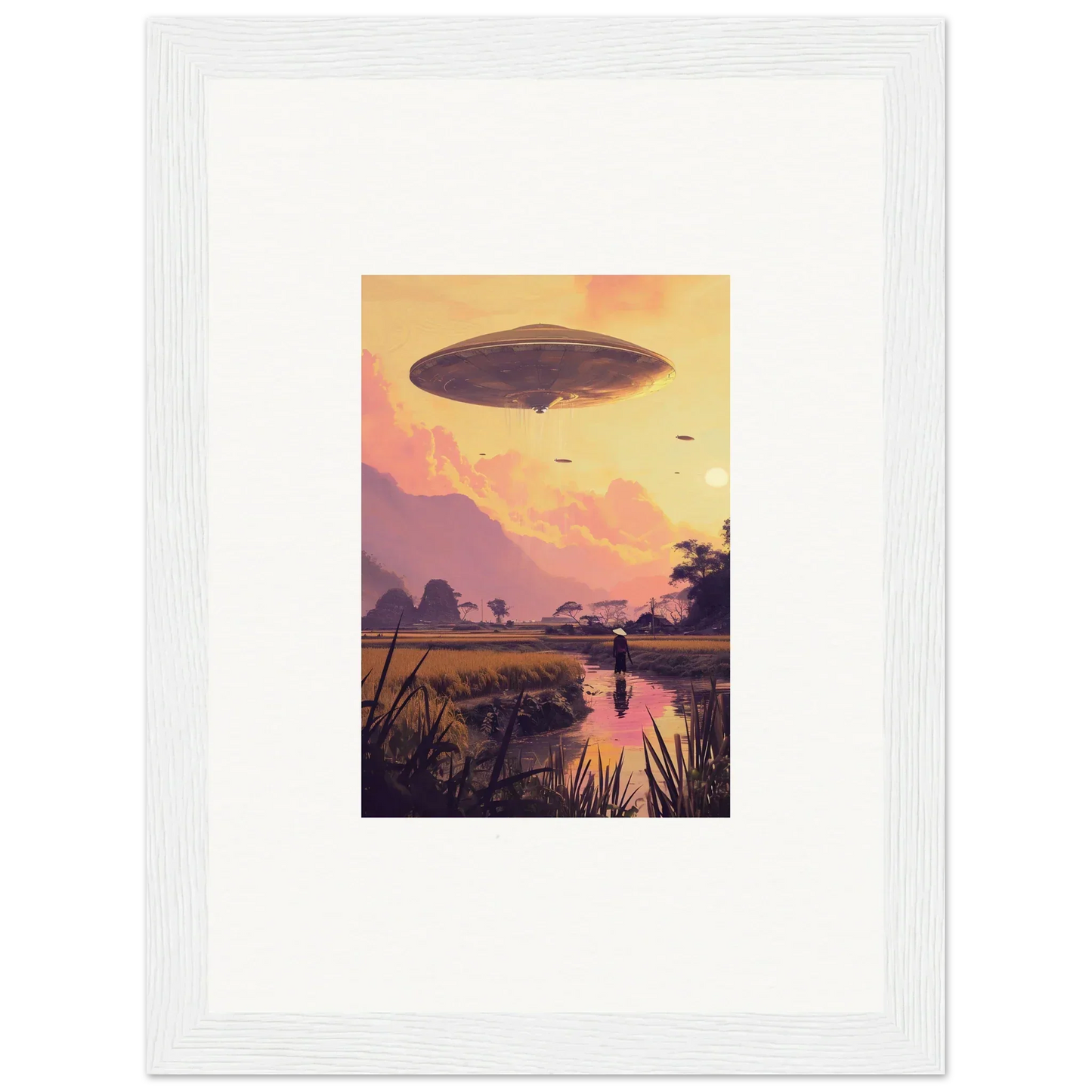 UFO hovering in a sunset sky for Ethereal Mindship Landing framed wall art decor