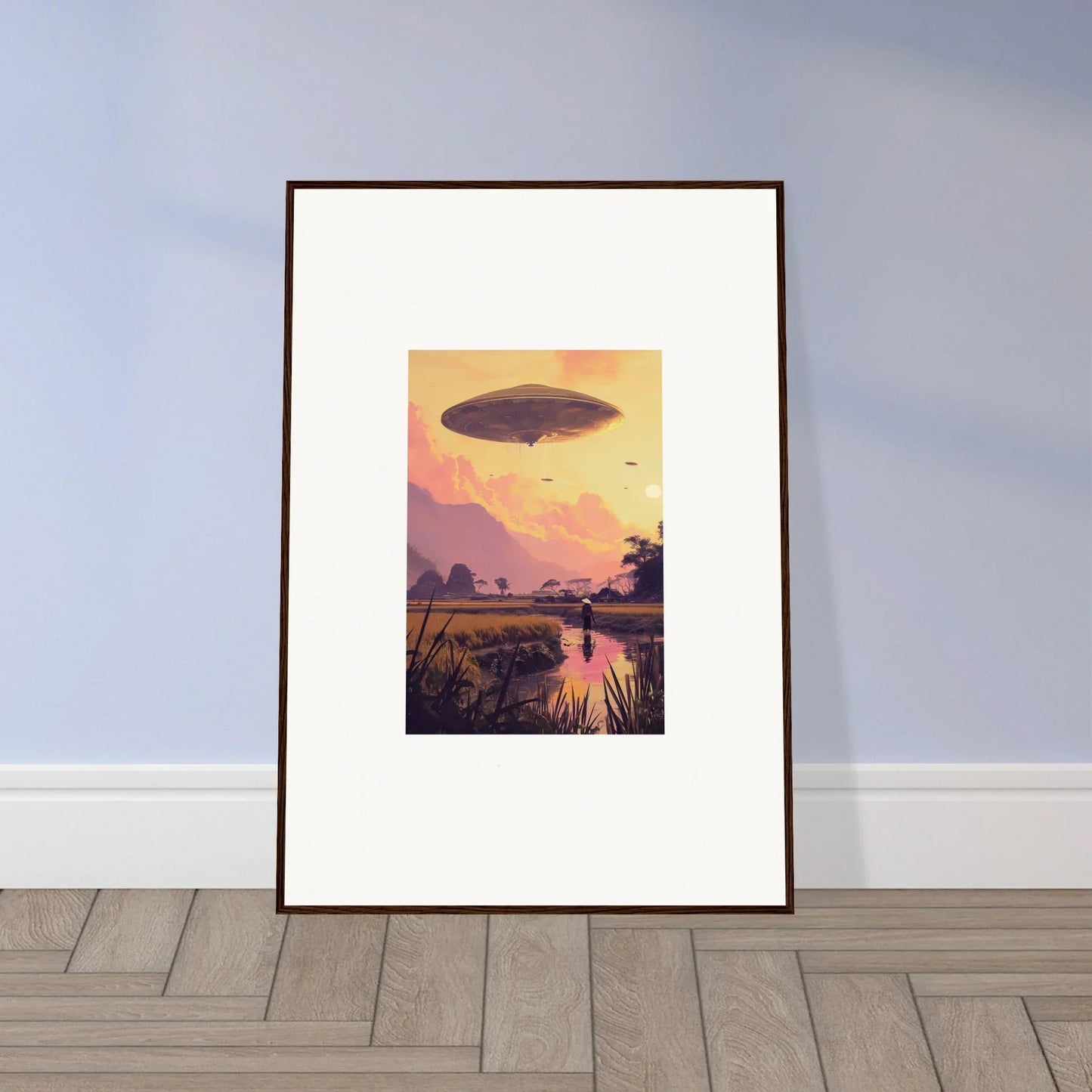 Framed wall art of sunset landscape with UFO for unique room decor, Mindship Landing