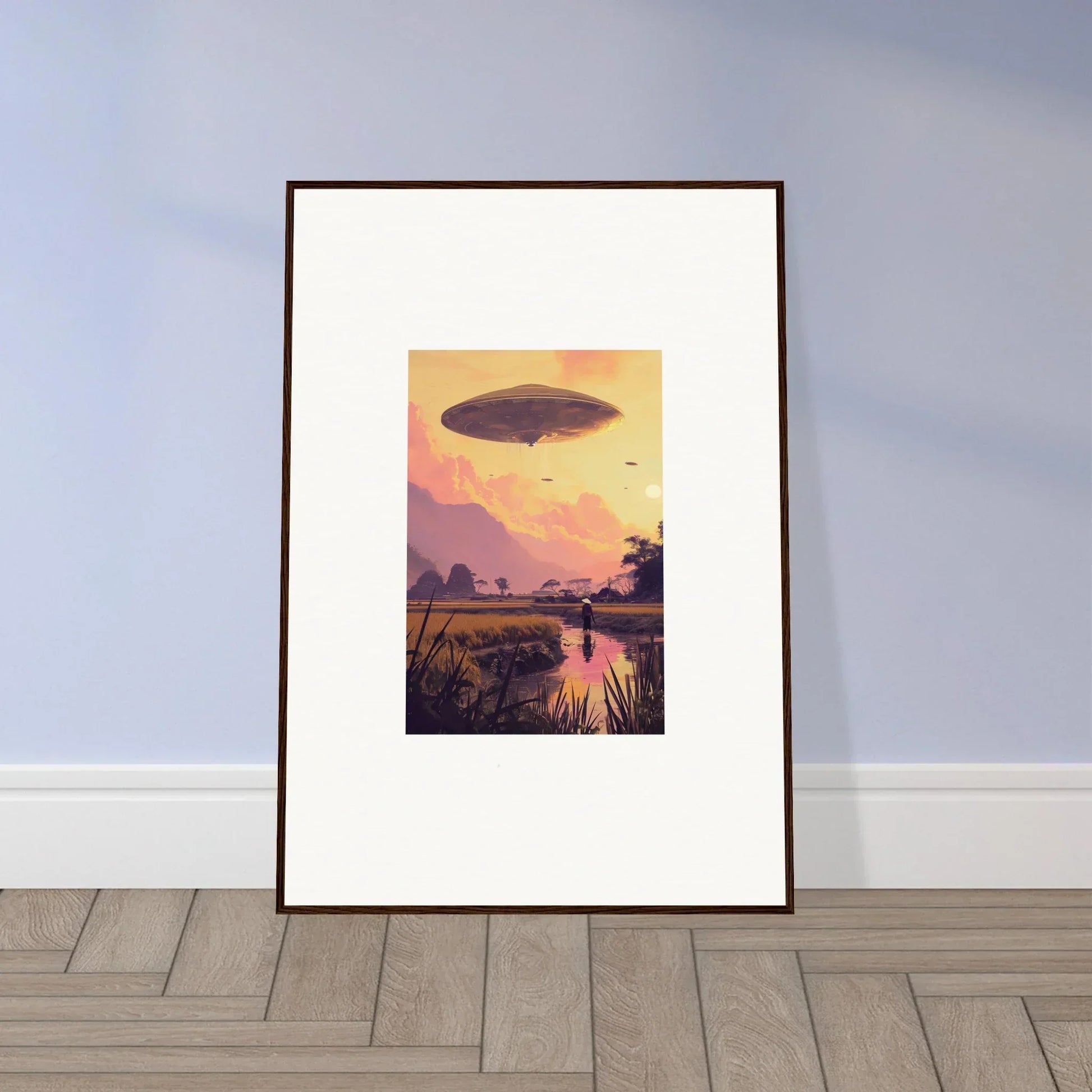 Framed wall art of sunset landscape with UFO for unique room decor, Mindship Landing