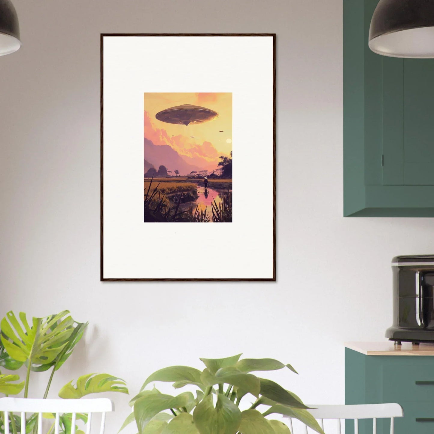 Framed wall art of a mindship landing over a sunset landscape for unique room decor