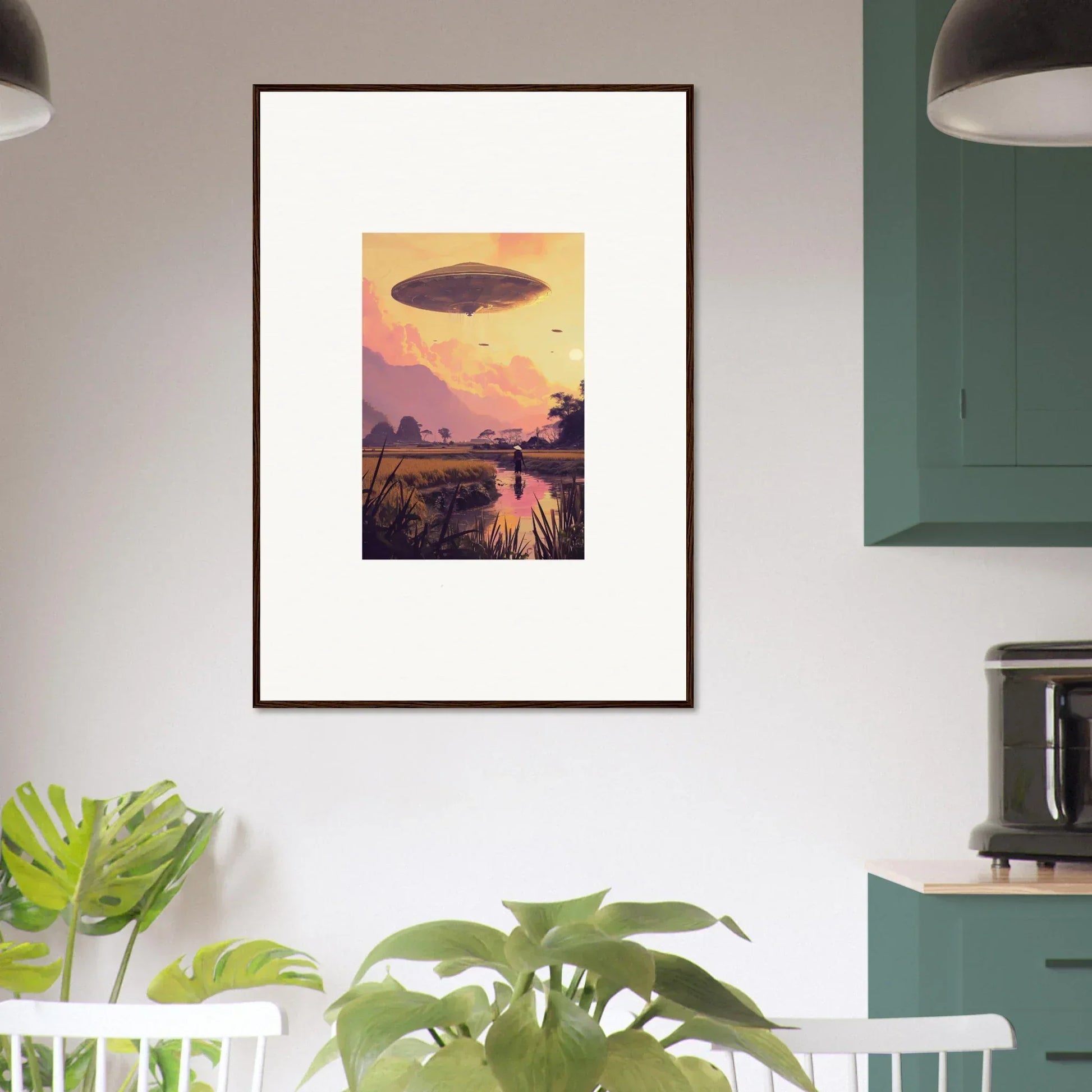 Framed wall art of a mindship landing over a sunset landscape for unique room decor