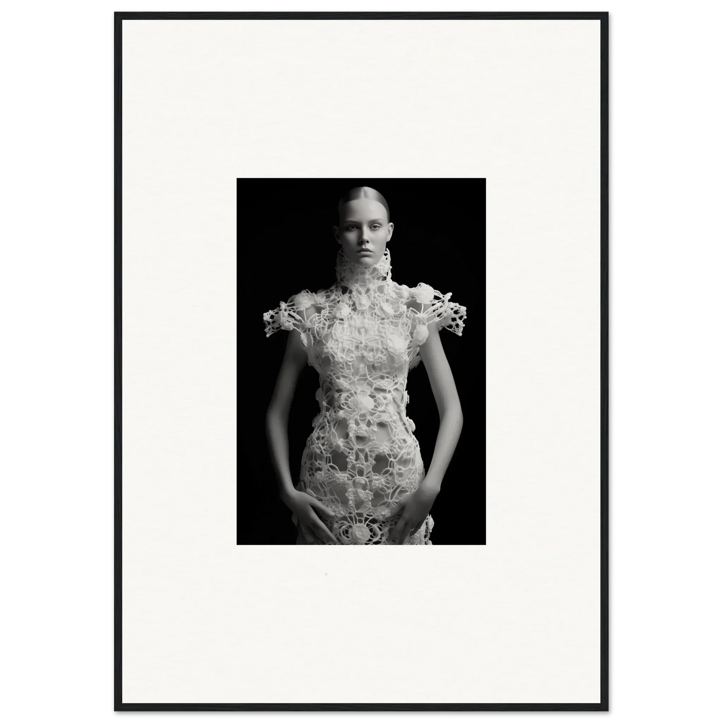 Black and white portrait in floral dress for Monad Exhale framed wall art decor
