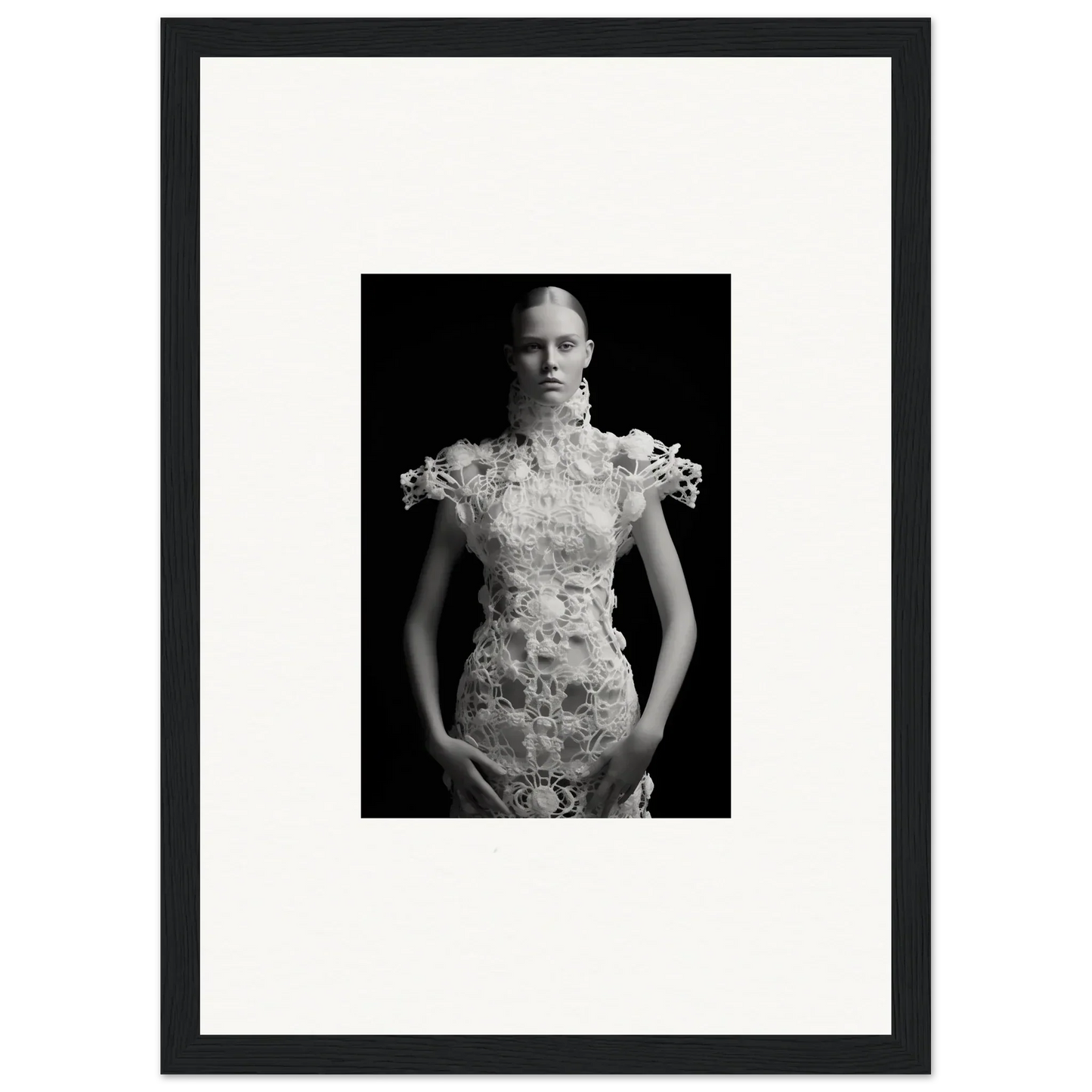 Black and white image of ornate dress, perfect for Monad Exhale room decor and framed wall art