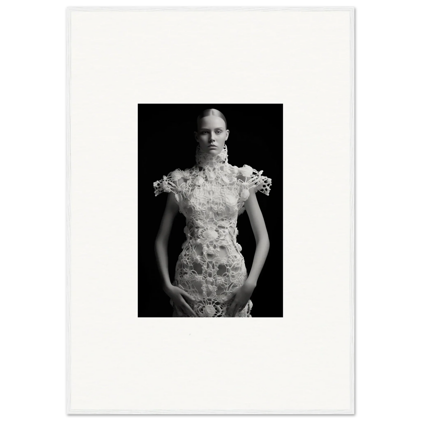 Black and white portrait of a person in a floral dress, perfect for Monad Exhale room decor