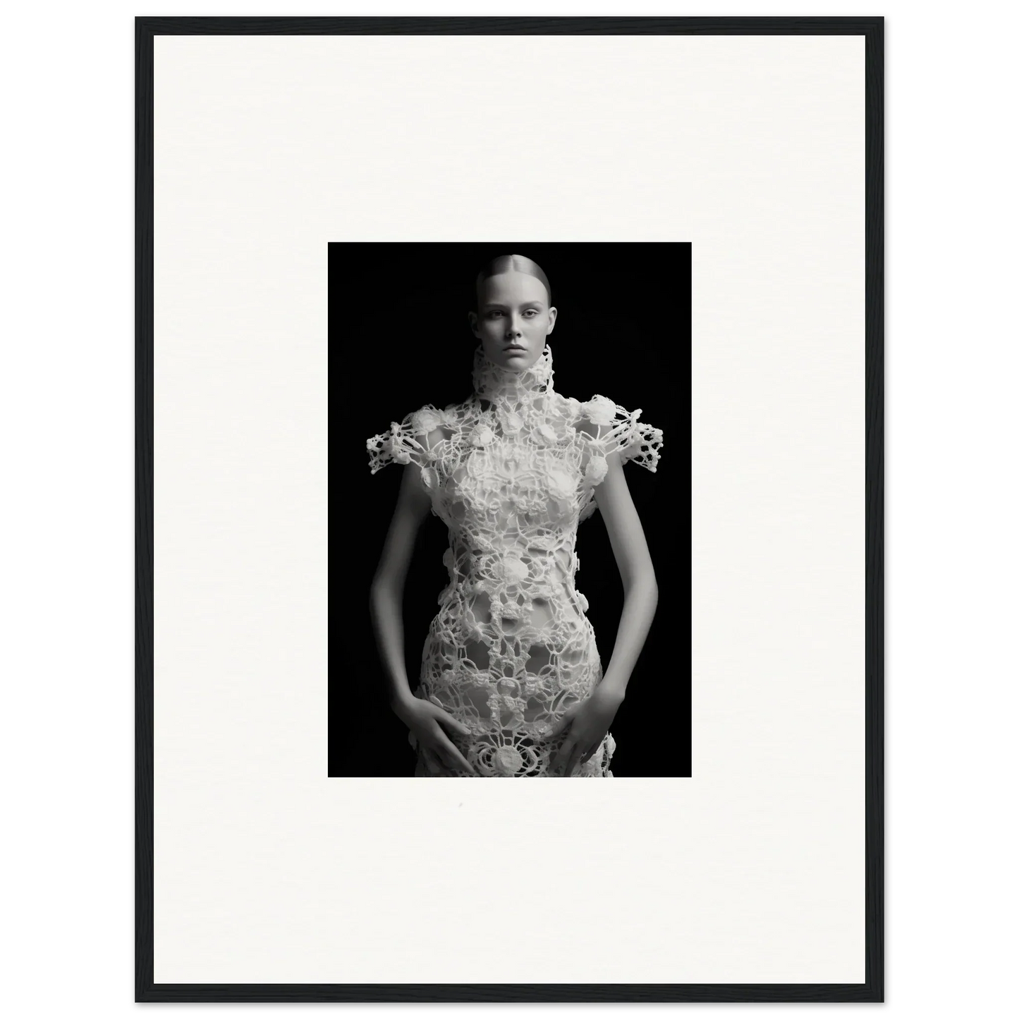 Black and white photo of a person in a floral dress, perfect for Monad Exhale wall art