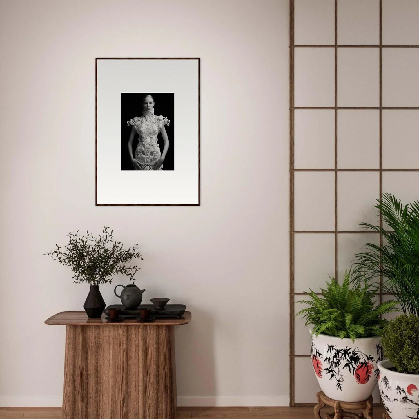 Framed black and white photograph of nude torso sculpture for stylish room decor